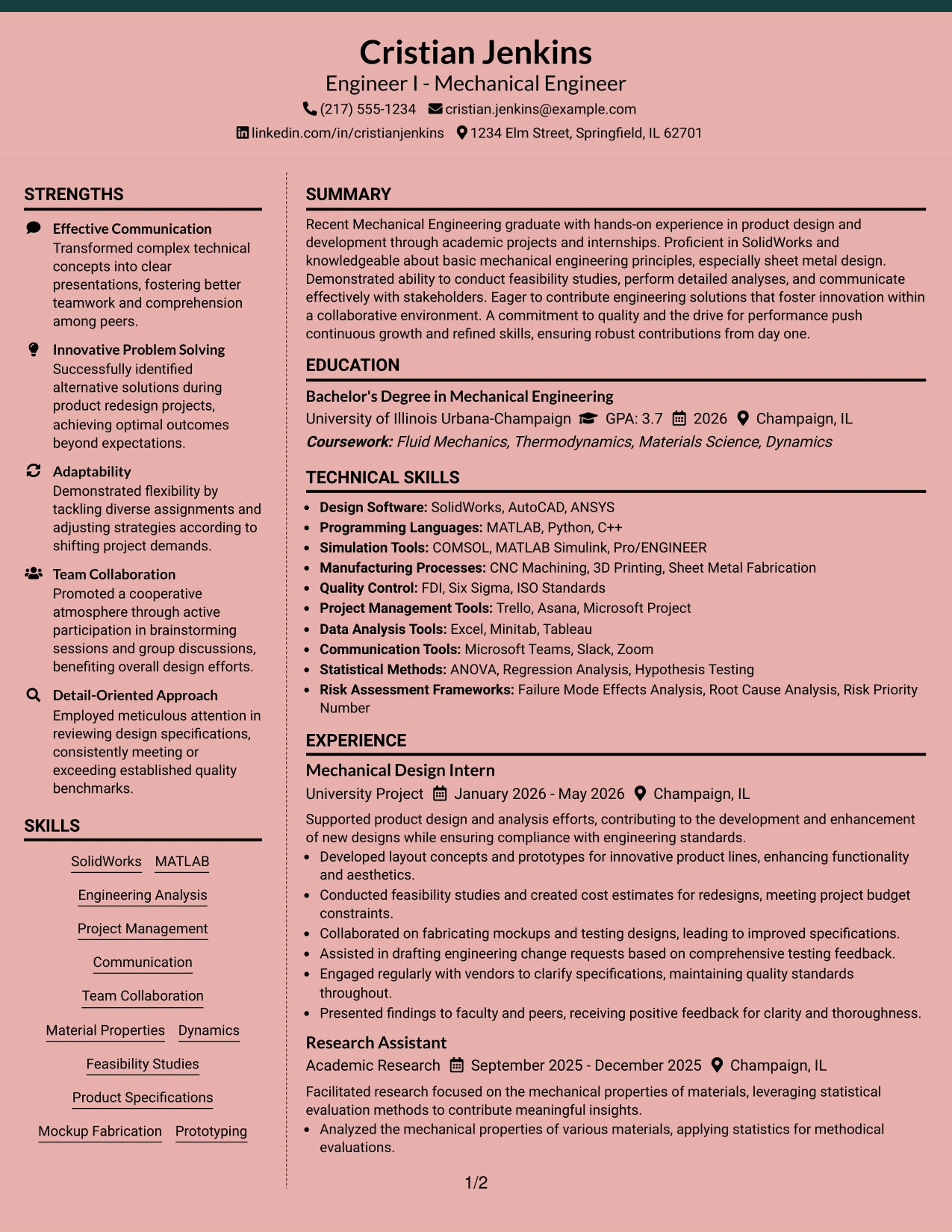 Resume Example Page 1
