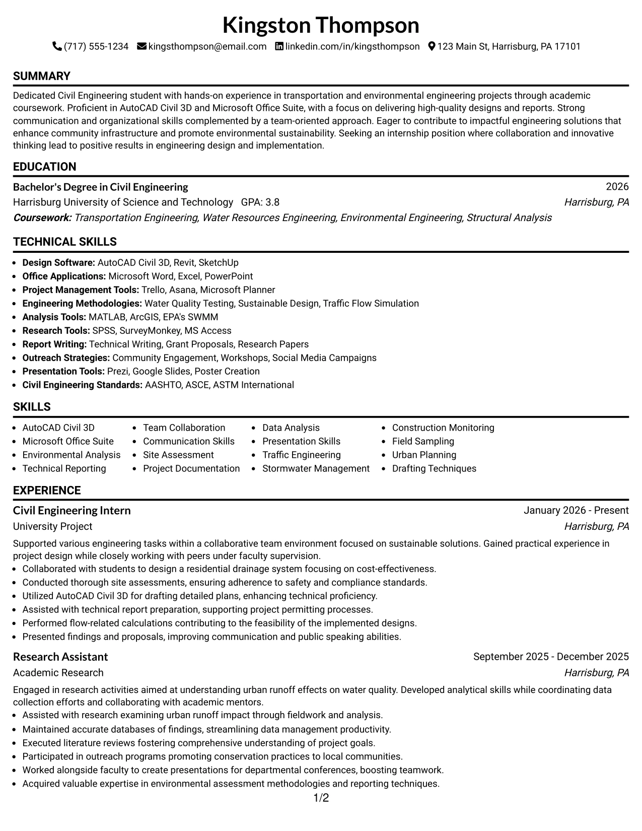 Resume Example Page 1