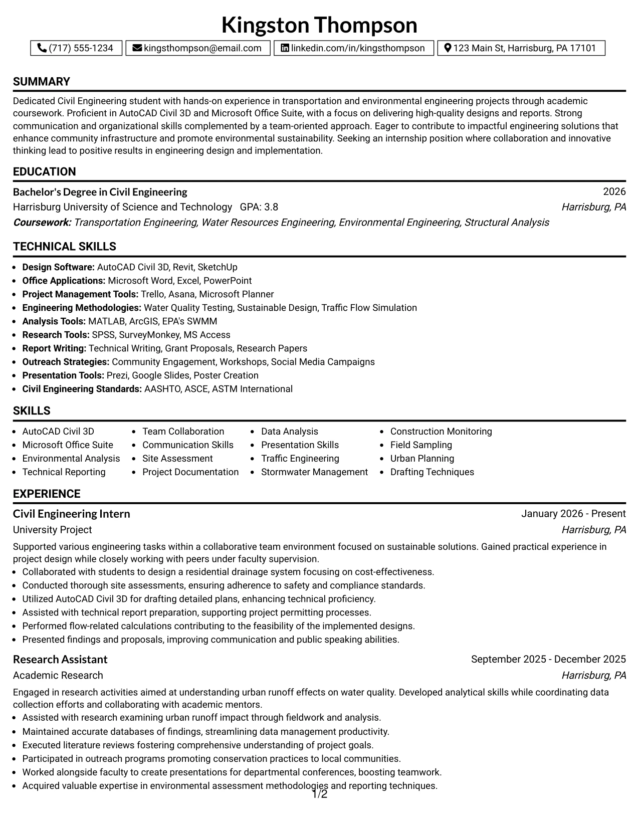 Resume Example Page 1