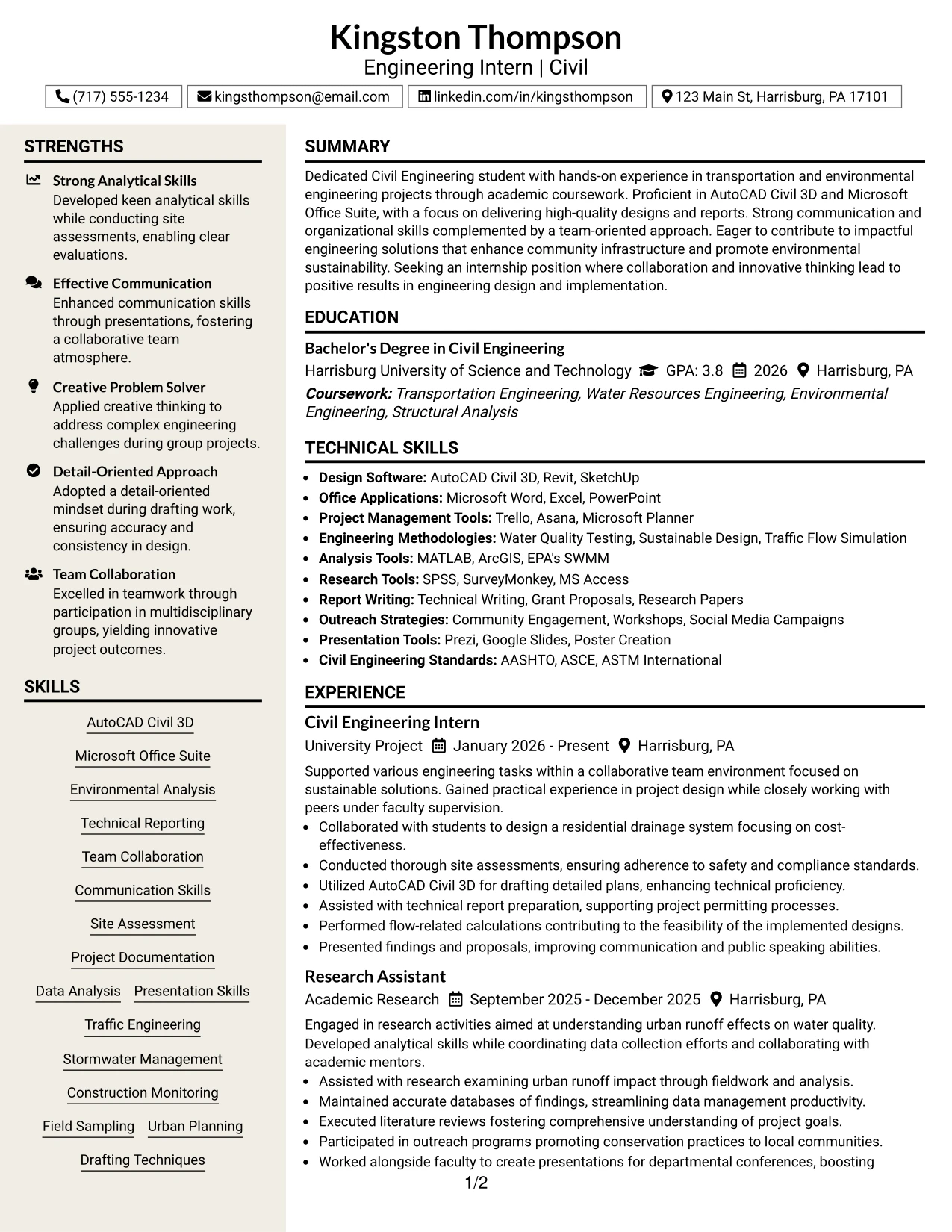 Resume Example Page 1