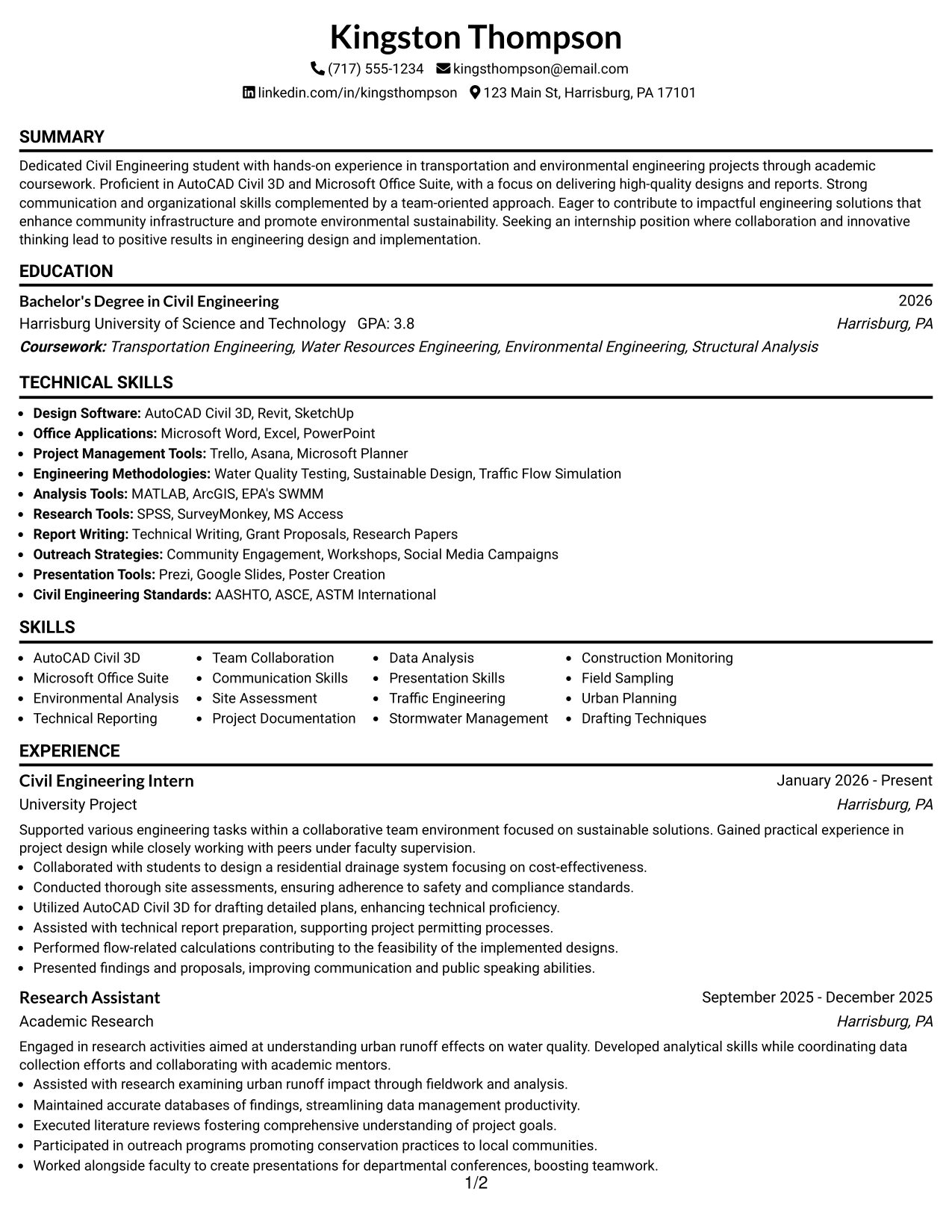 Resume Example Page 1