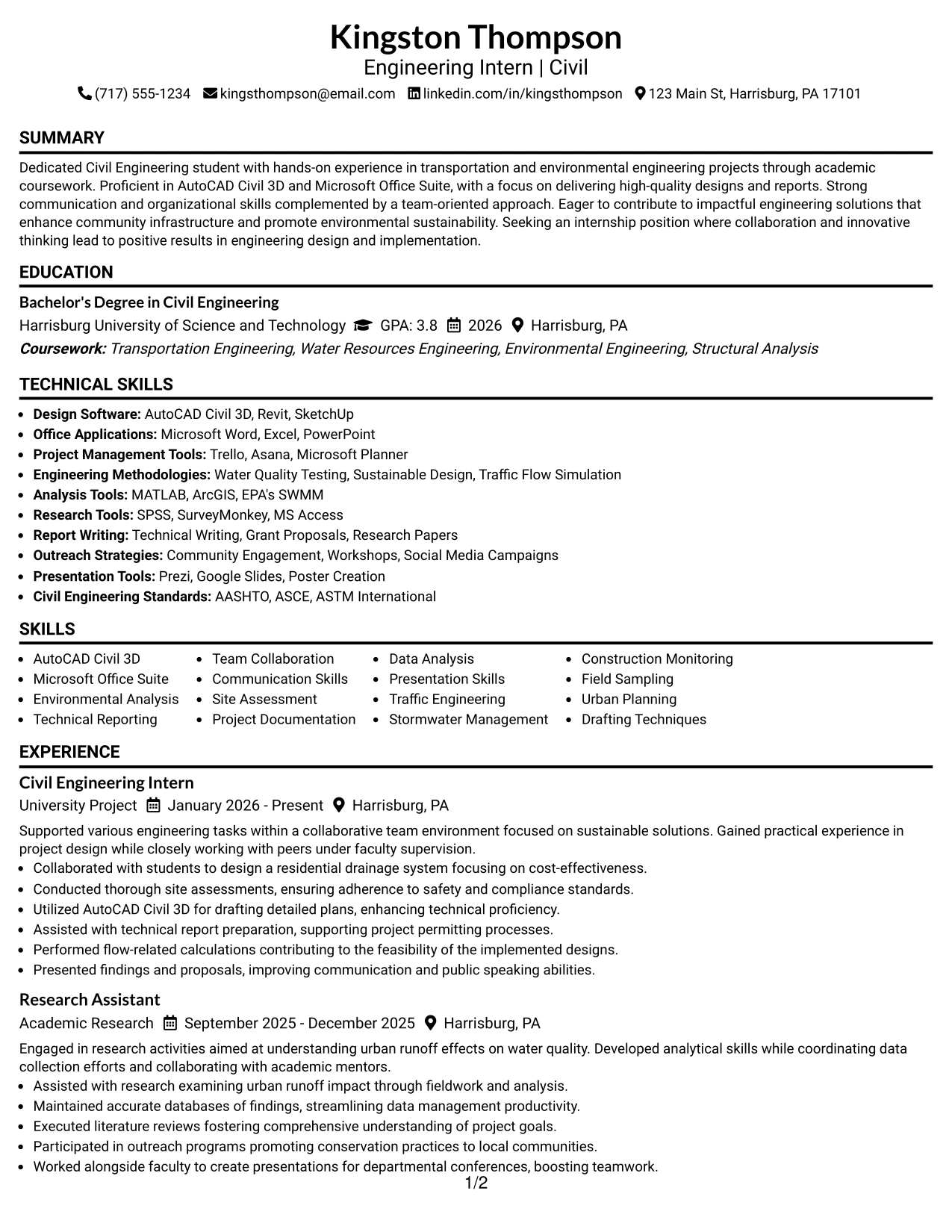 Resume Example Page 1