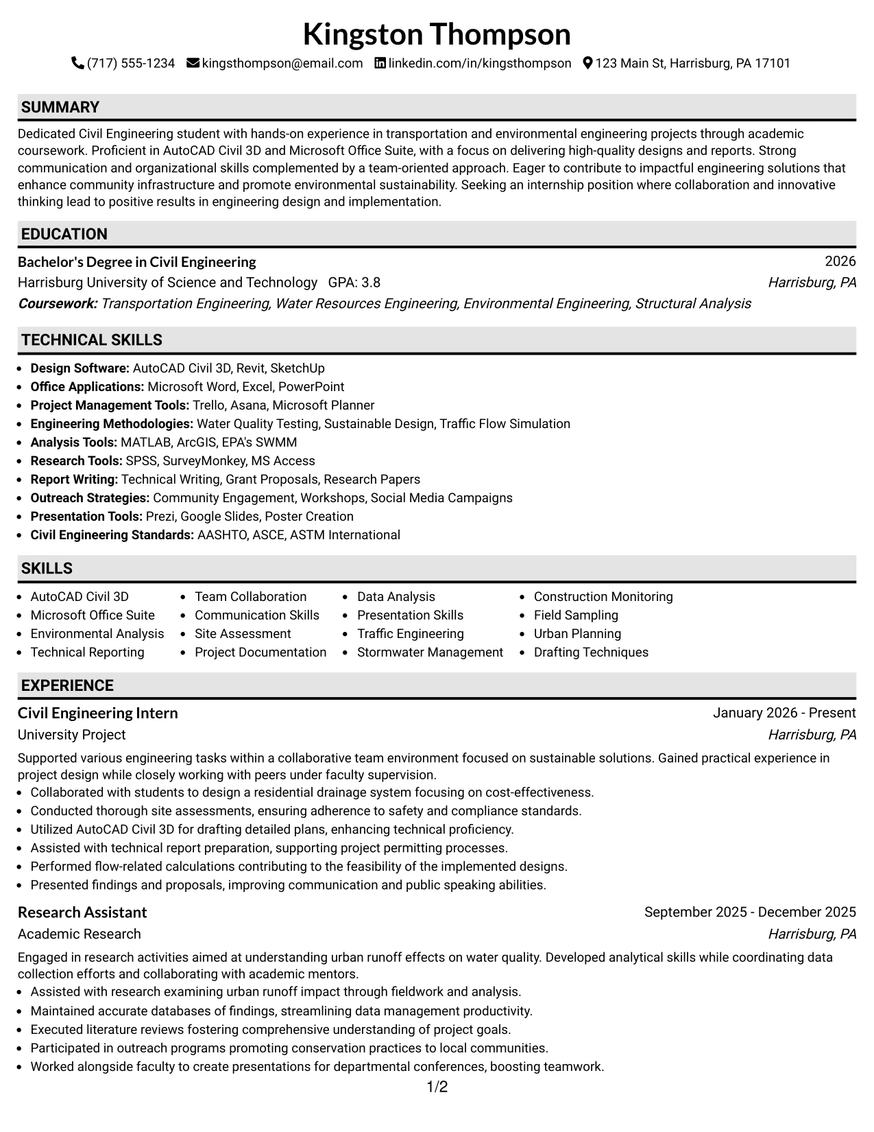 Resume Example Page 1