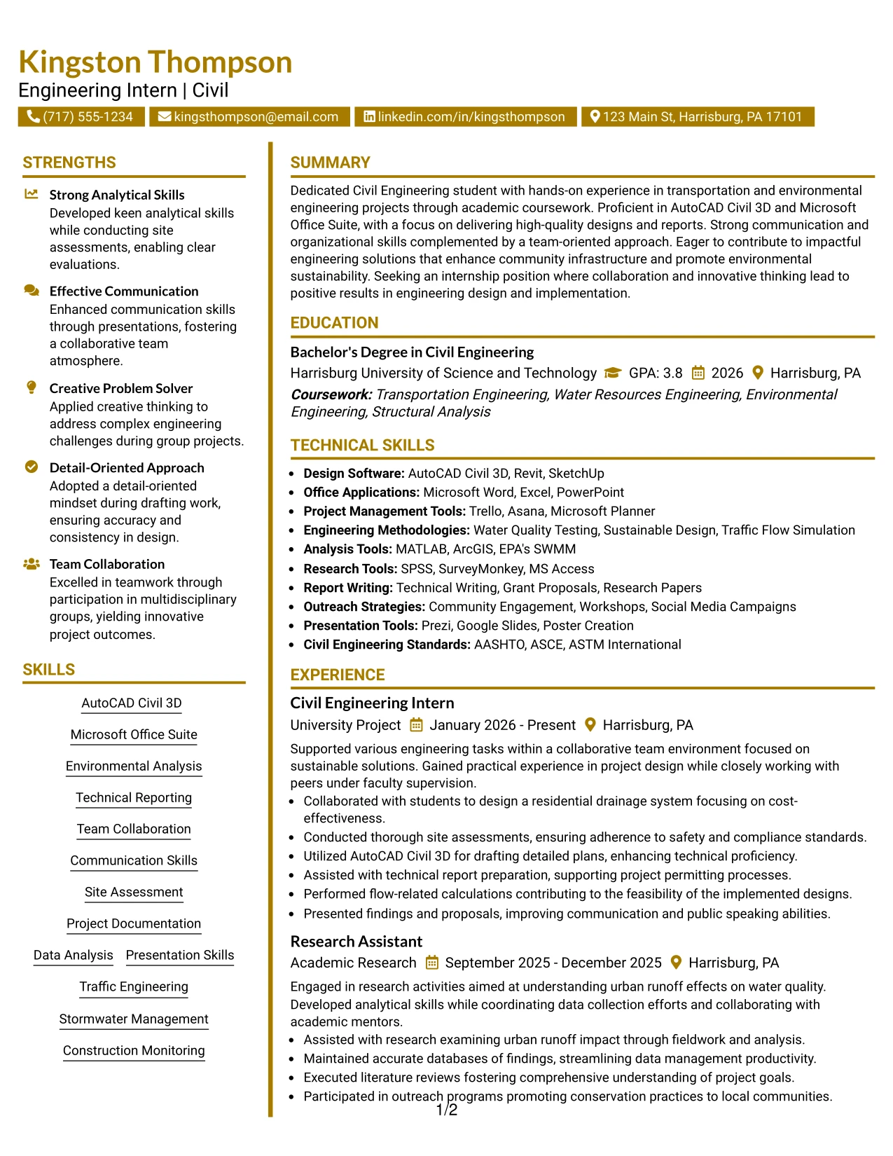 Resume Example Page 1