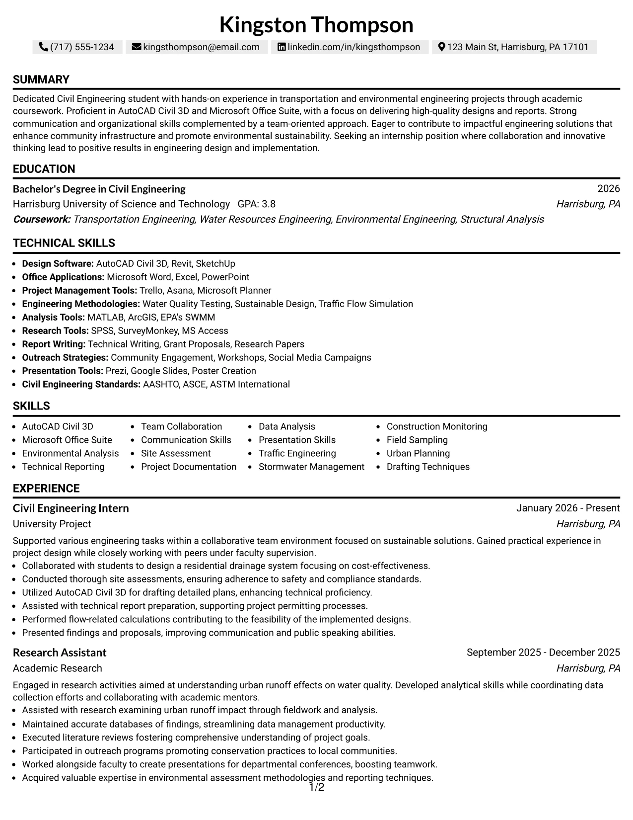 Resume Example Page 1