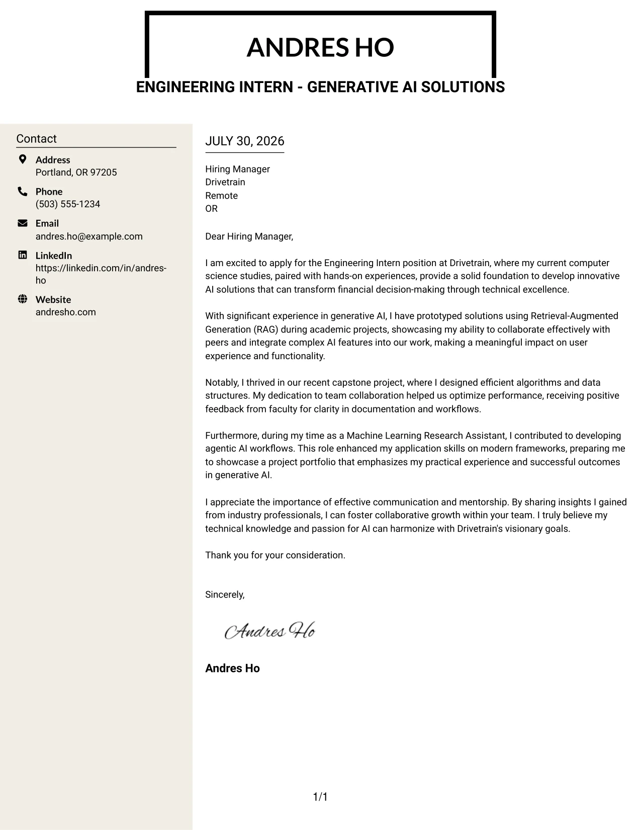 Resume Example Page 1