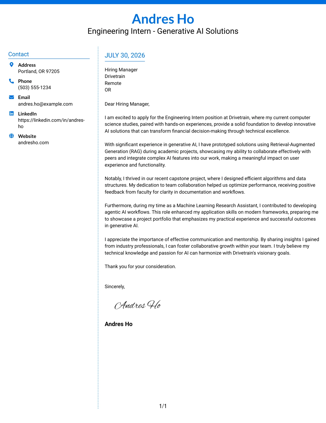 Resume Example Page 1