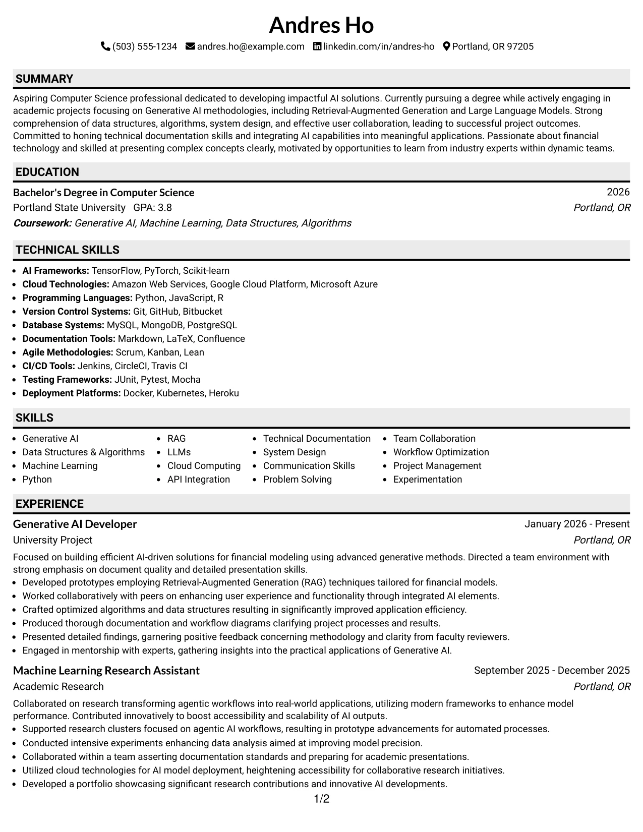 Resume Example Page 1
