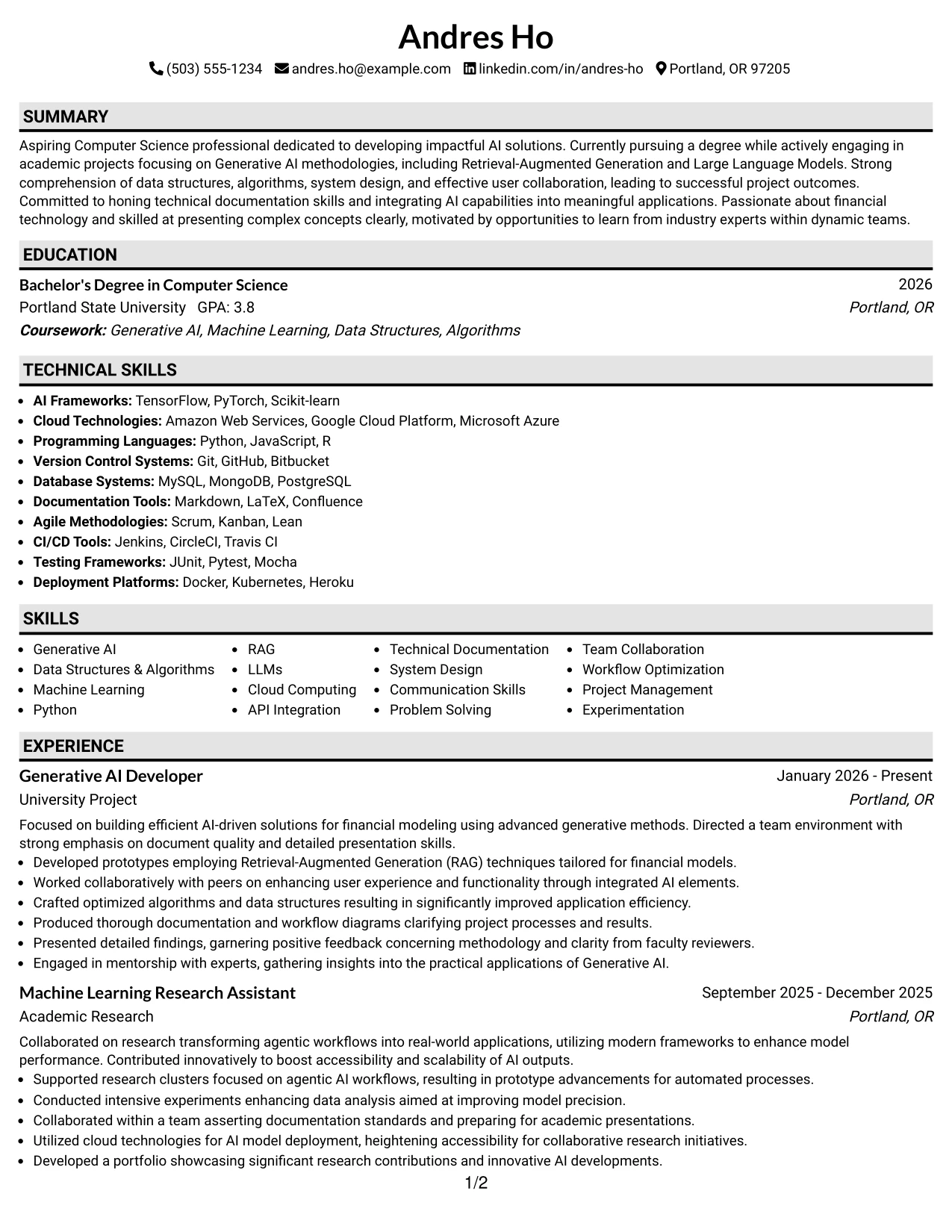 Resume Example Page 1