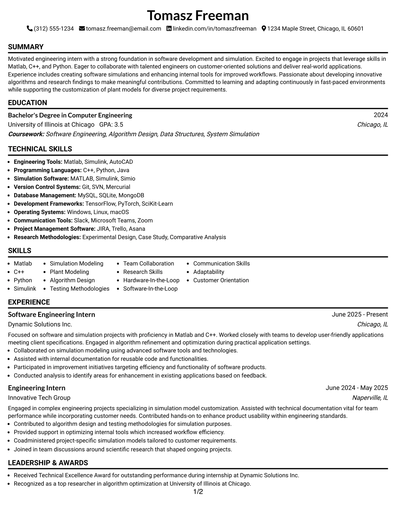 Resume Example Page 1