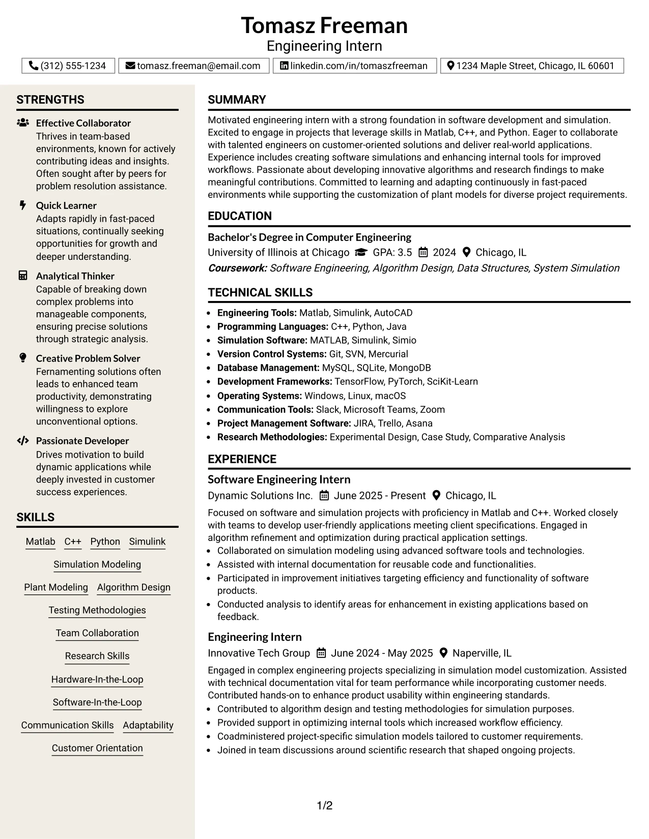 Resume Example Page 1