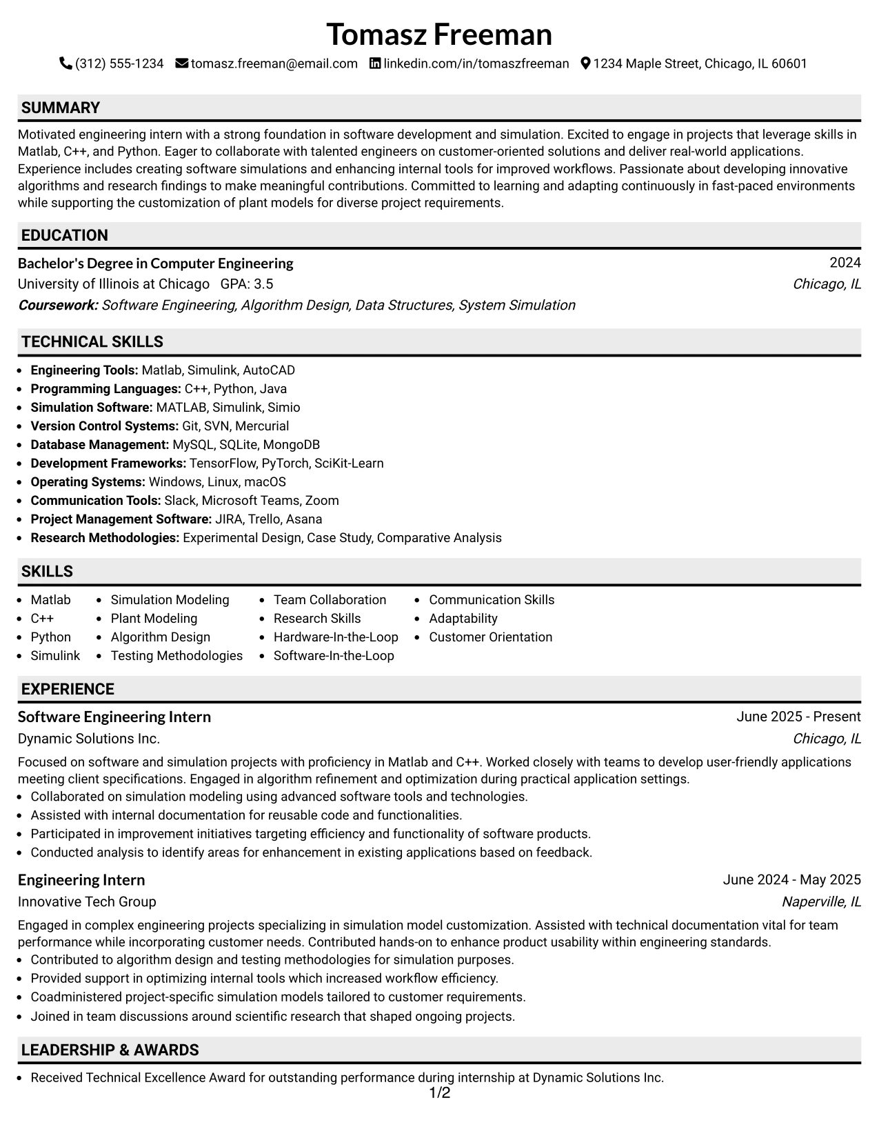 Resume Example Page 1