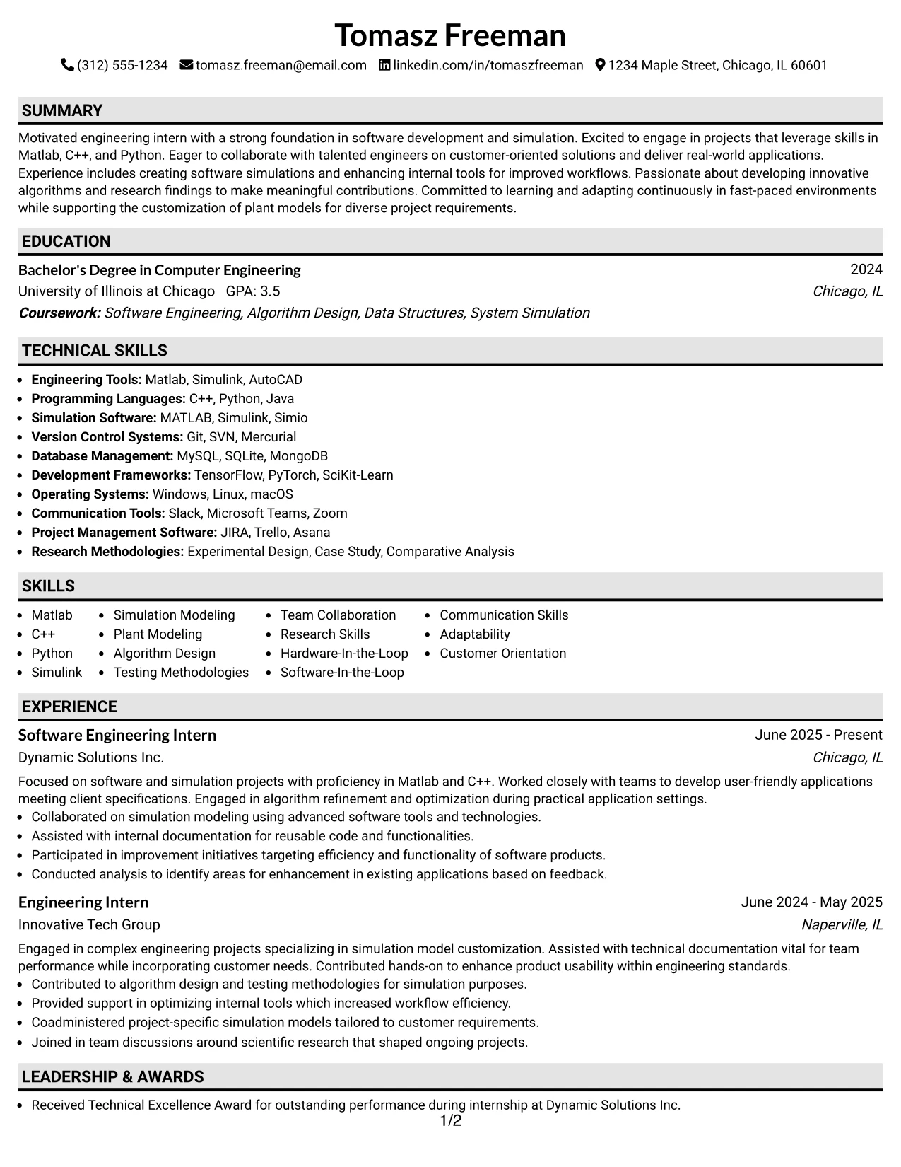 Resume Example Page 1