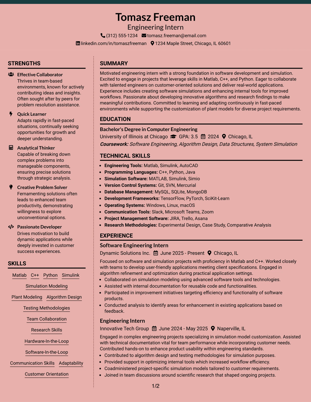 Resume Example Page 1