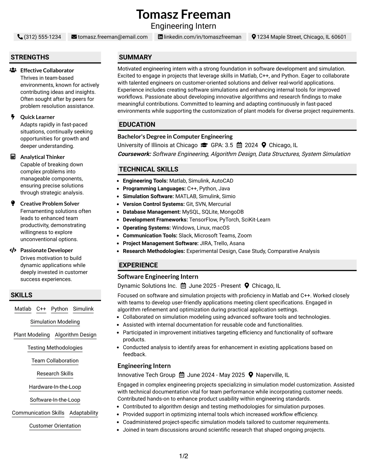 Resume Example Page 1