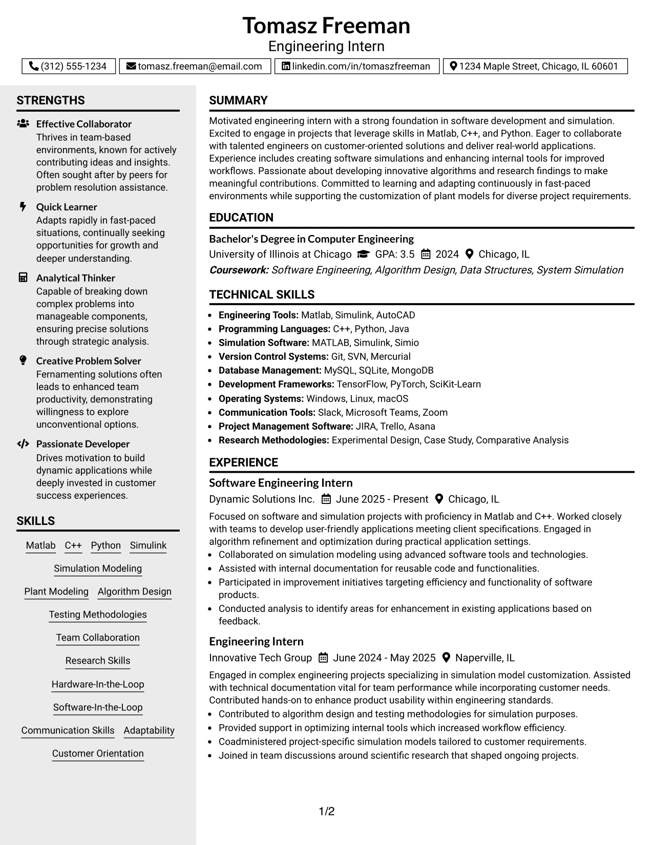 Resume Example Page 1