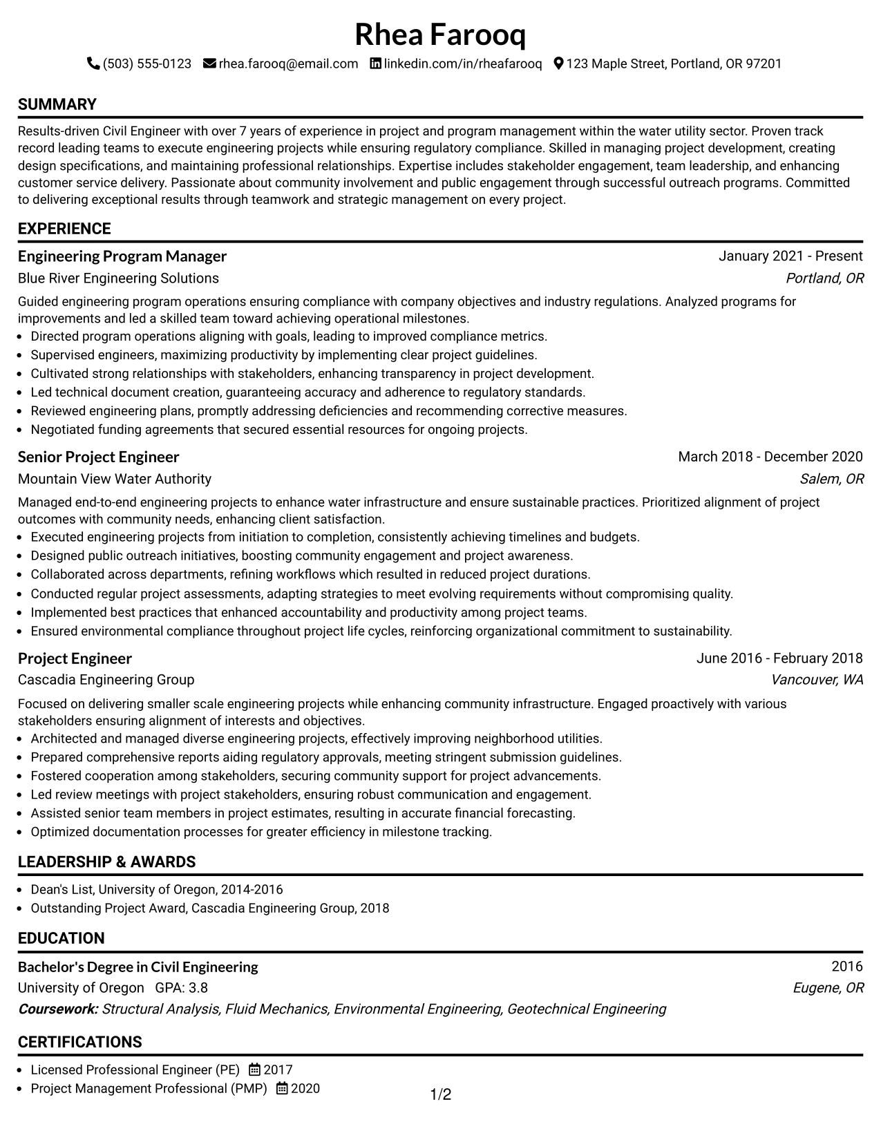 Resume Example Page 1