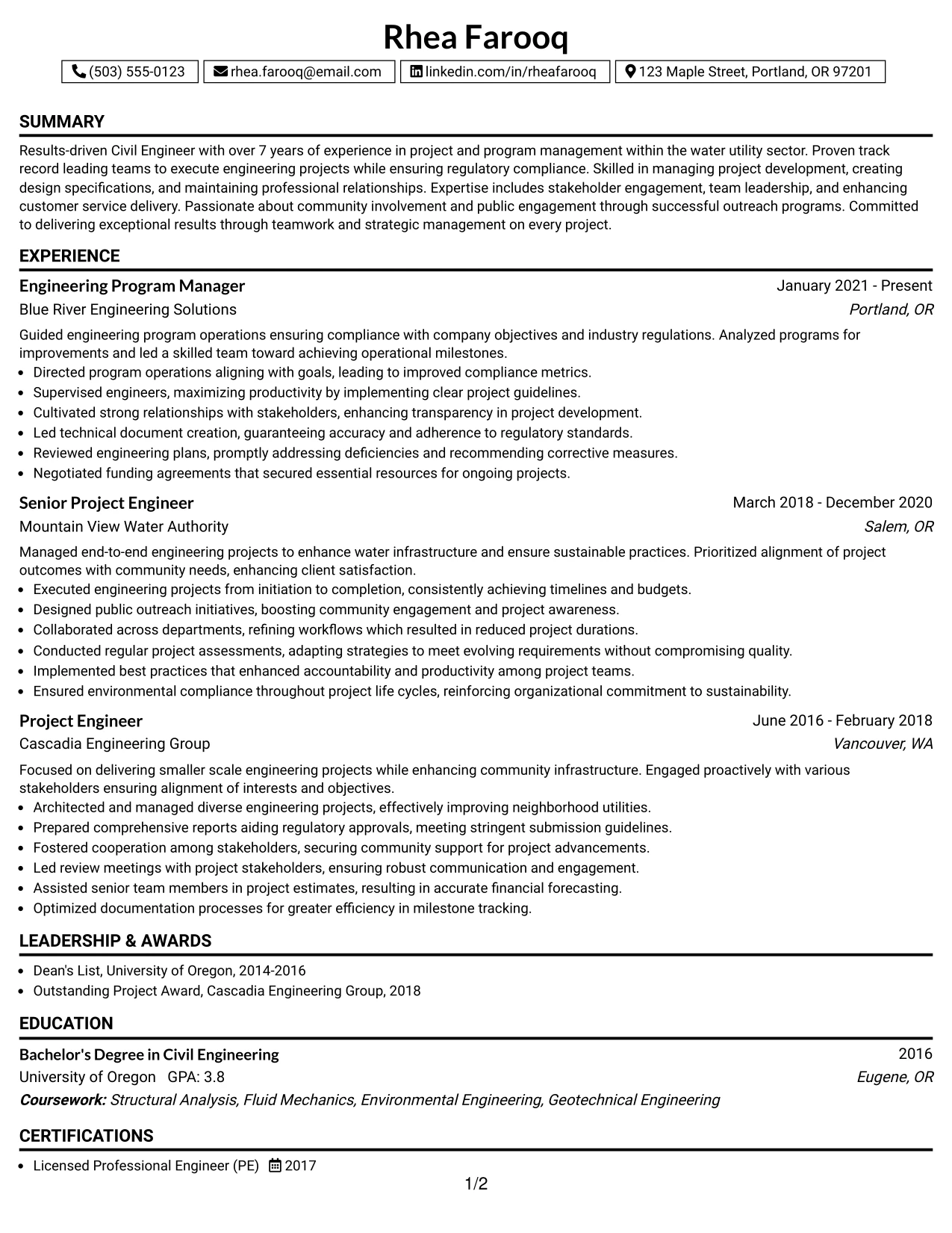 Resume Example Page 1