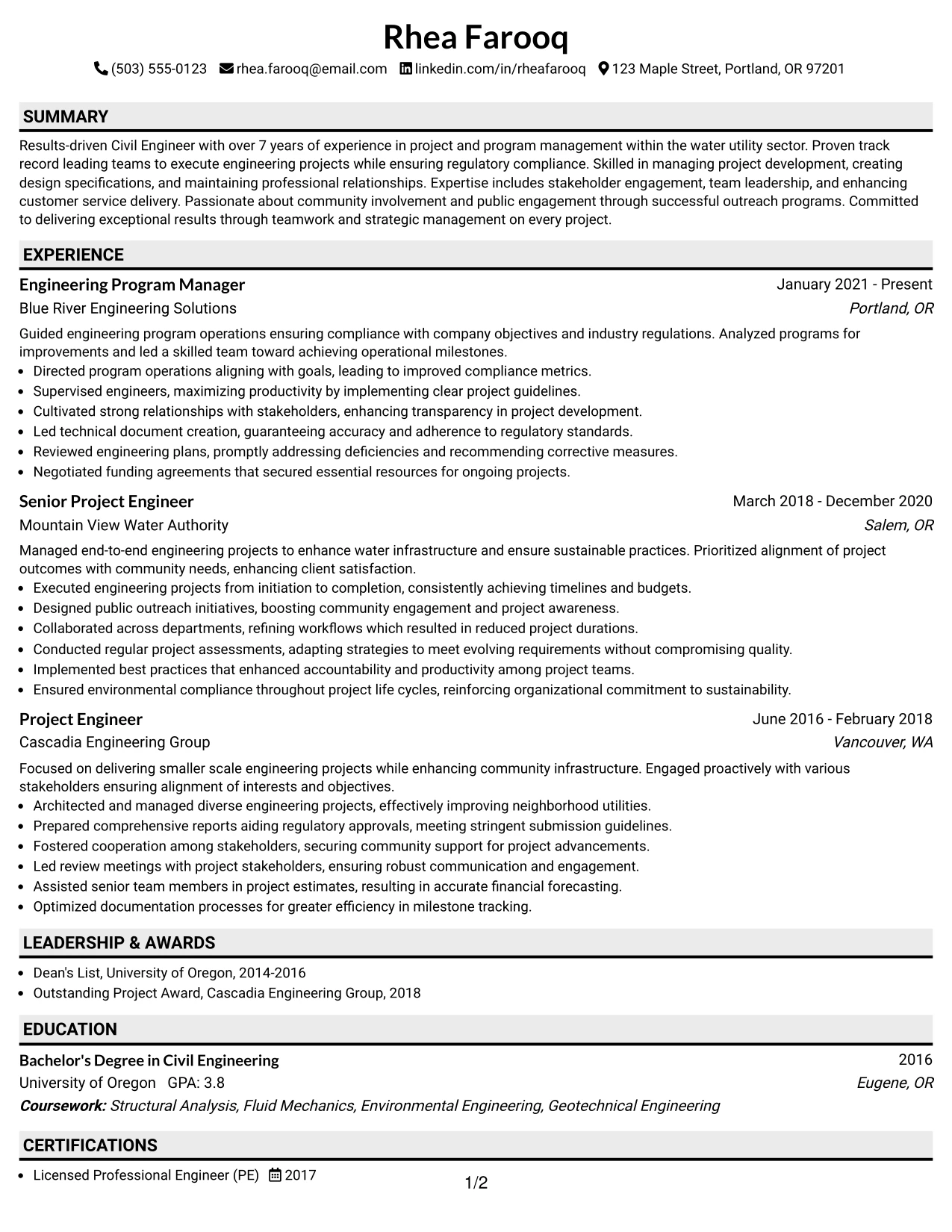 Resume Example Page 1