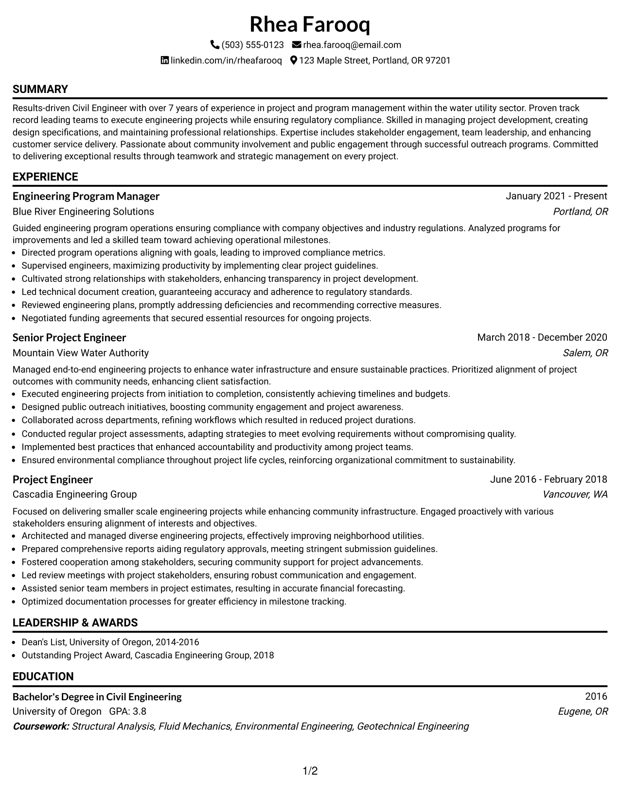 Resume Example Page 1
