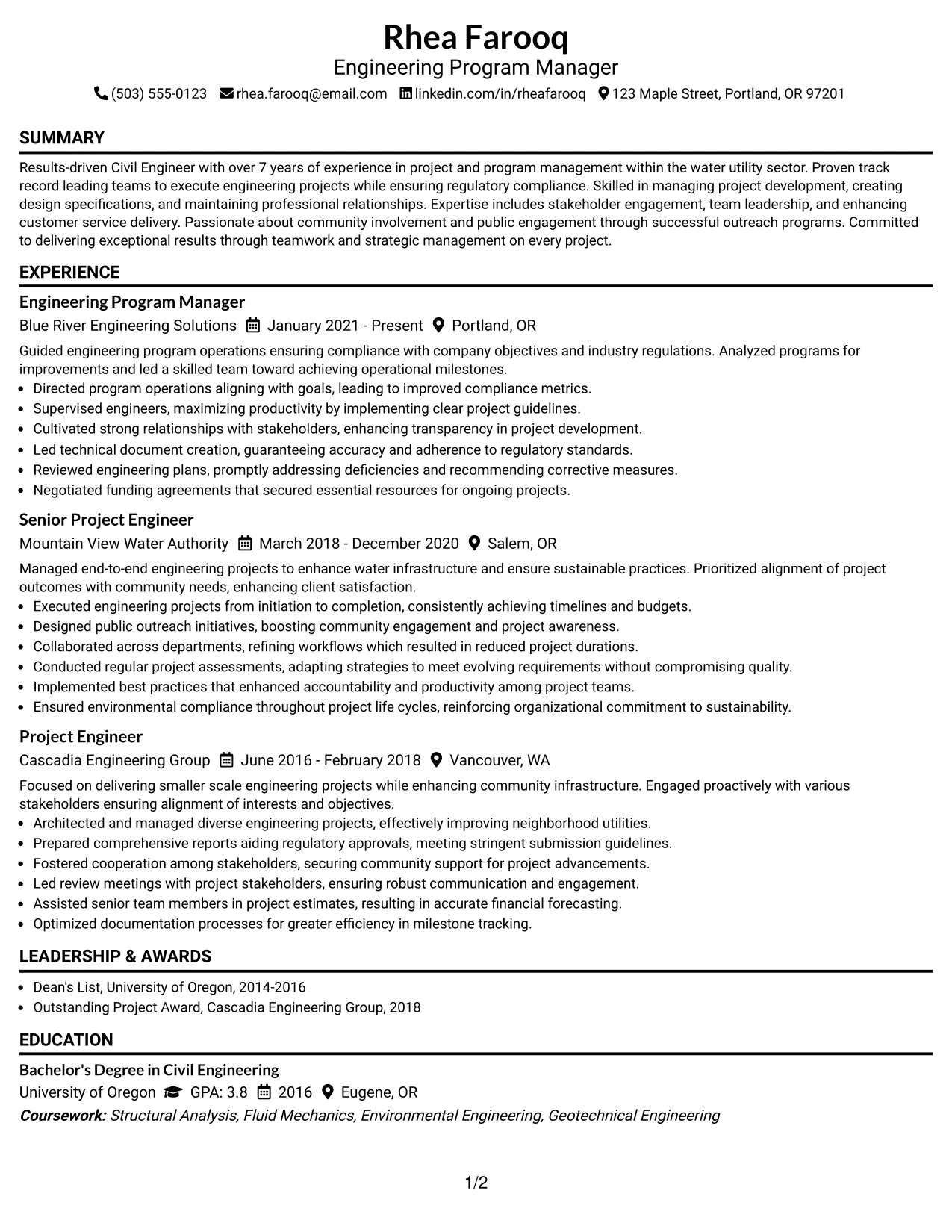 Resume Example Page 1