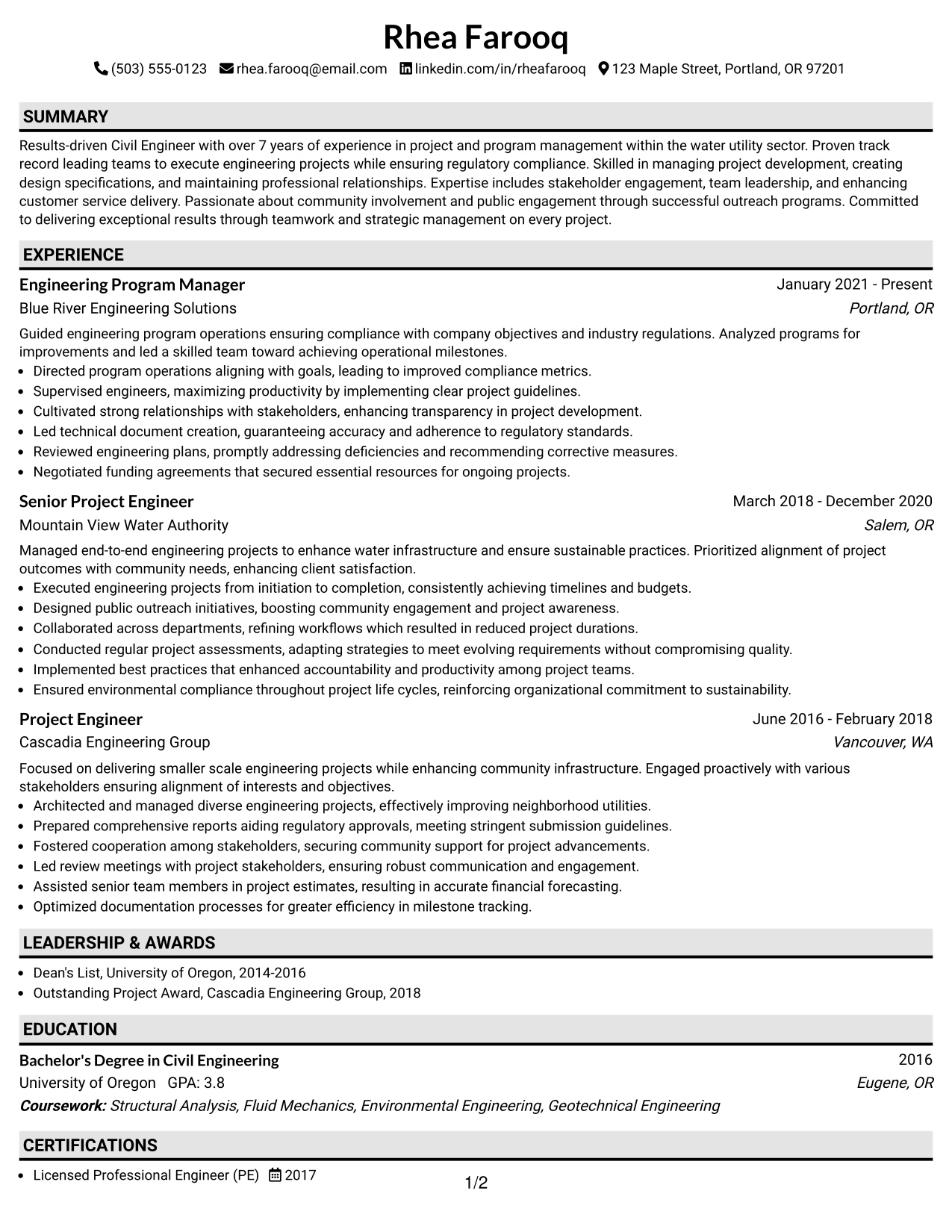 Resume Example Page 1