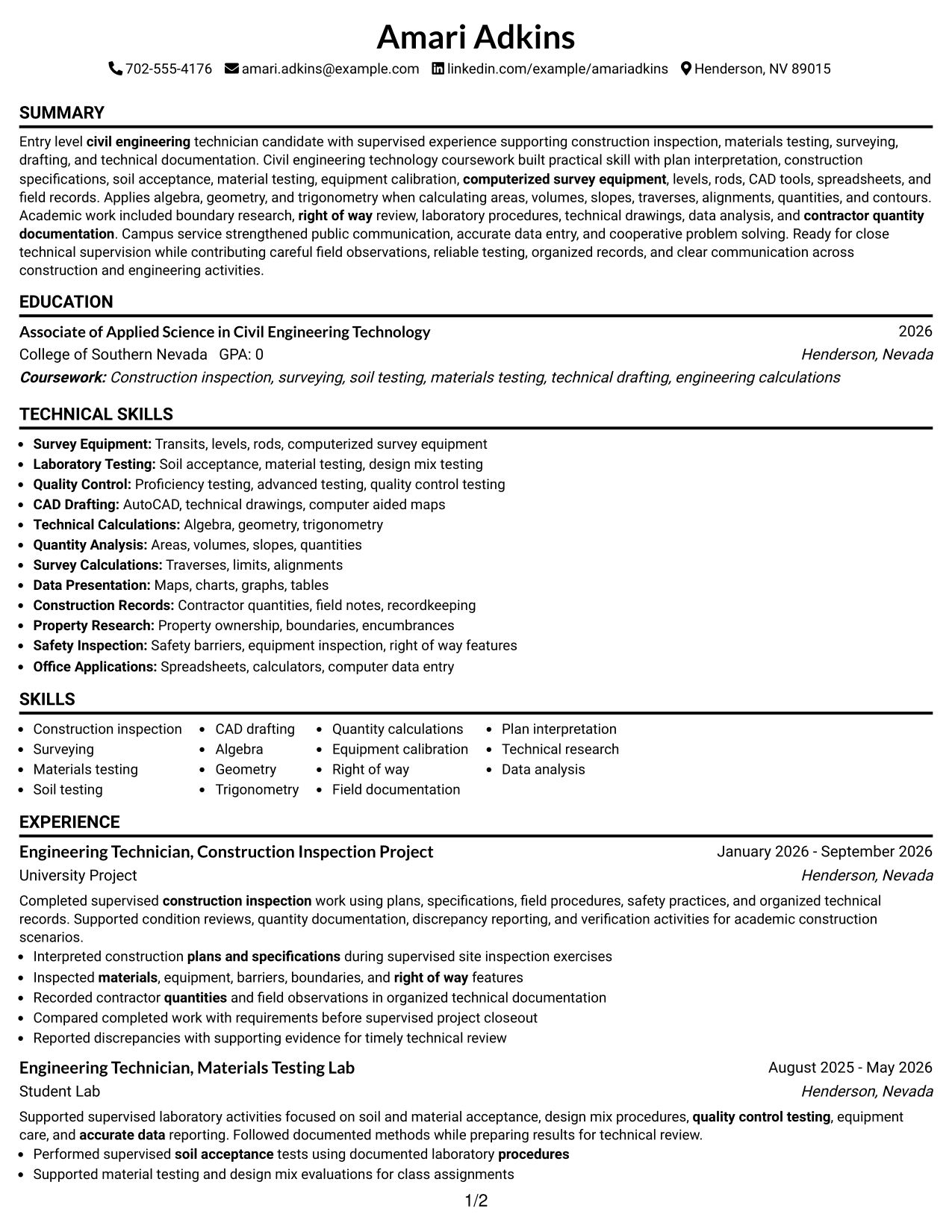 Resume Example Page 1