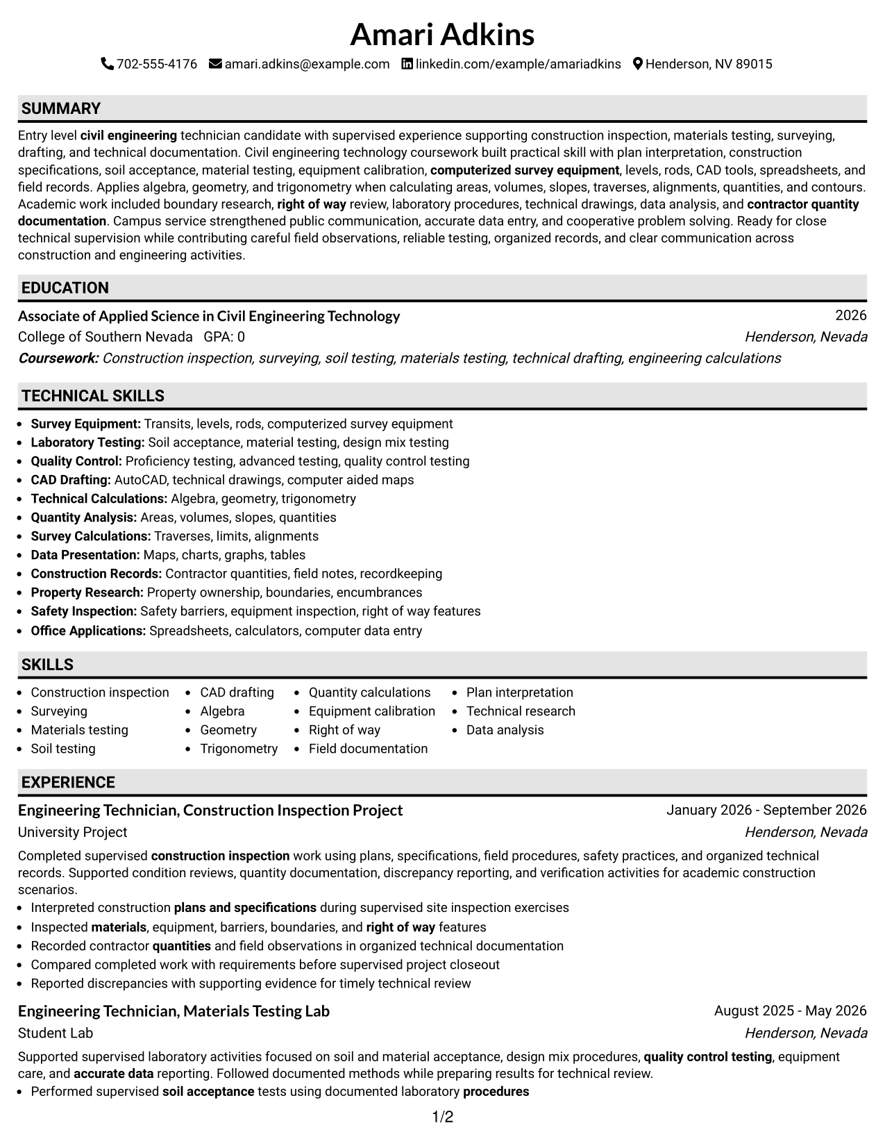 Resume Example Page 1
