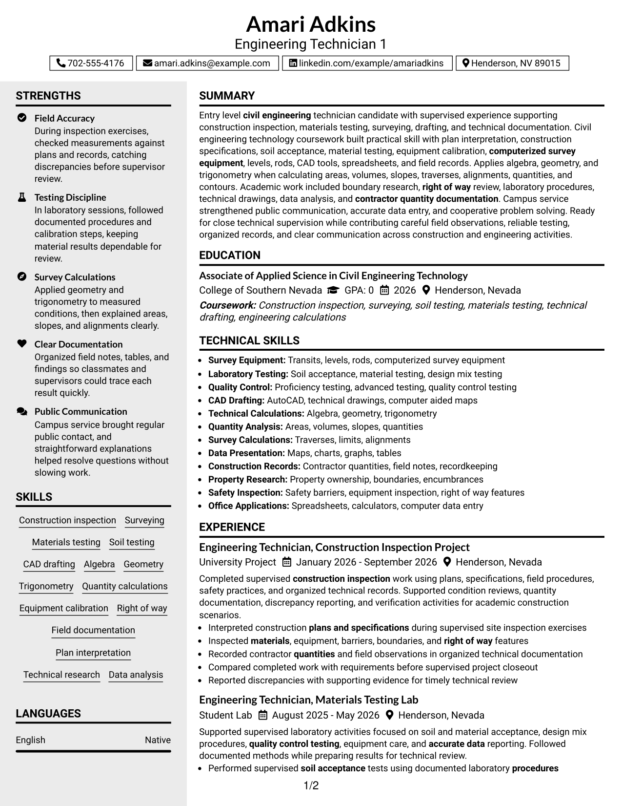 Resume Example Page 1