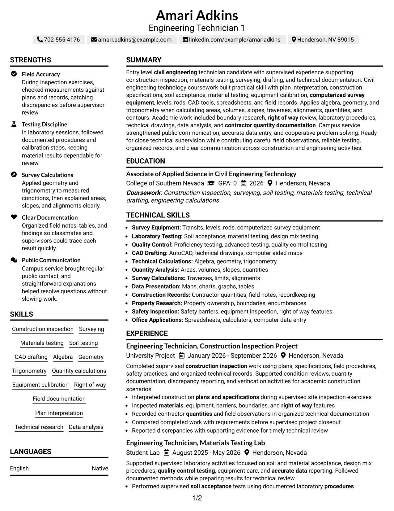 Resume Example Page 1