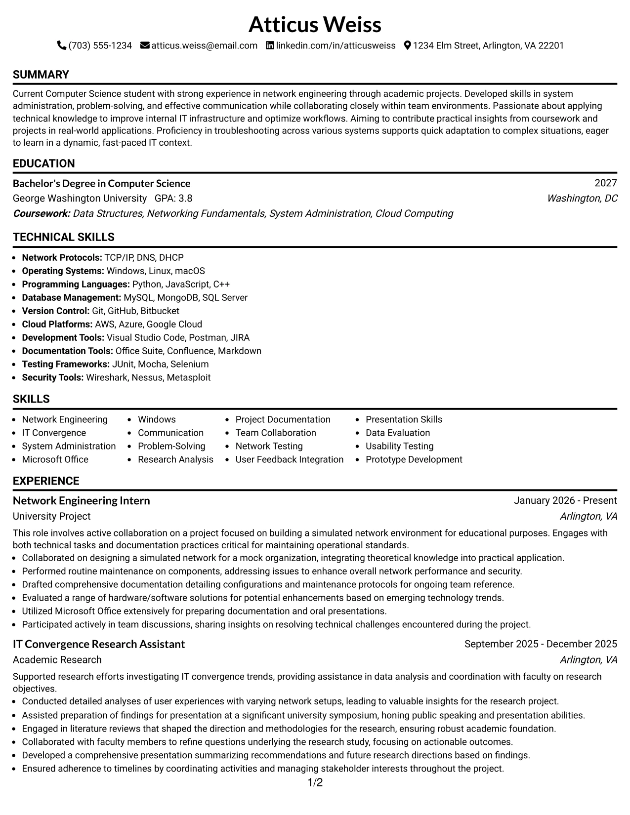 Resume Example Page 1