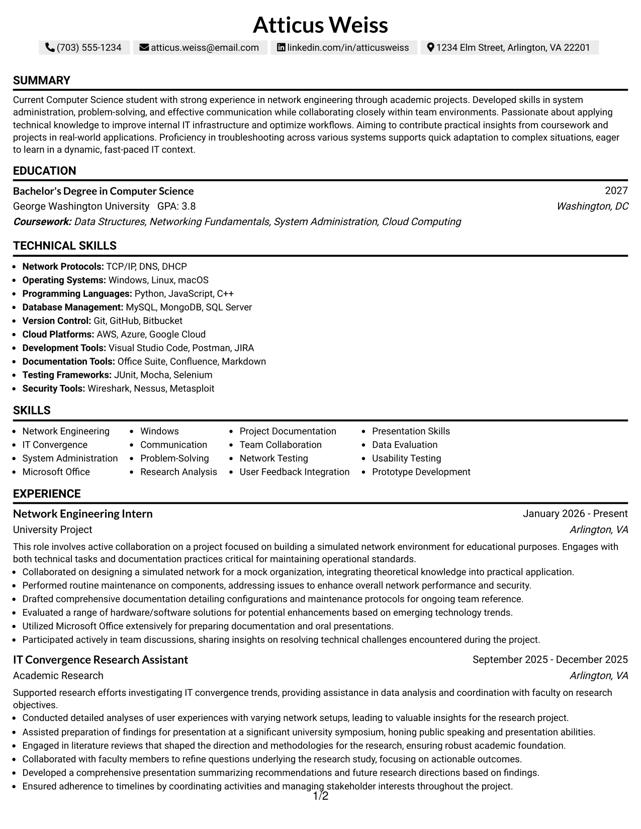 Resume Example Page 1