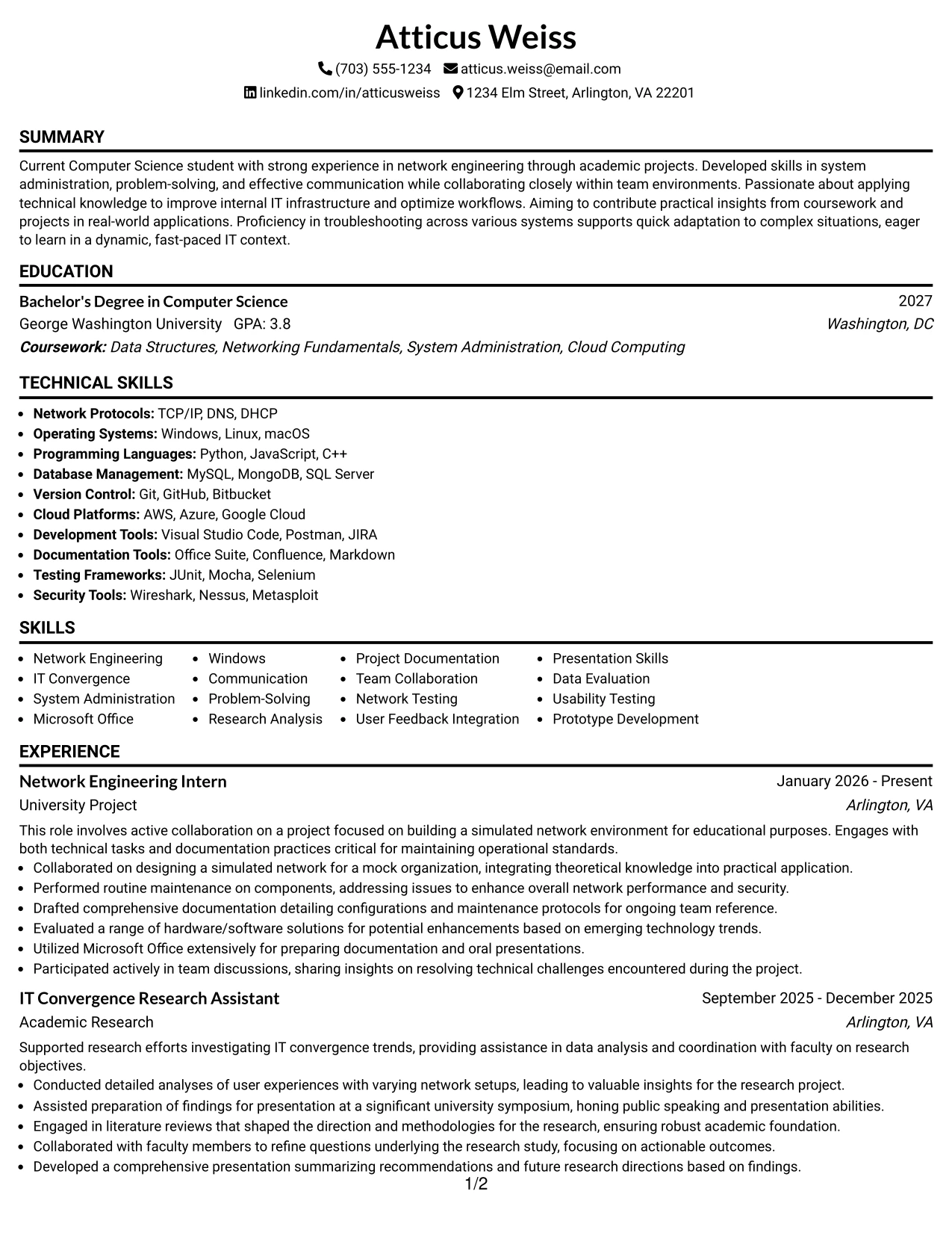 Resume Example Page 1