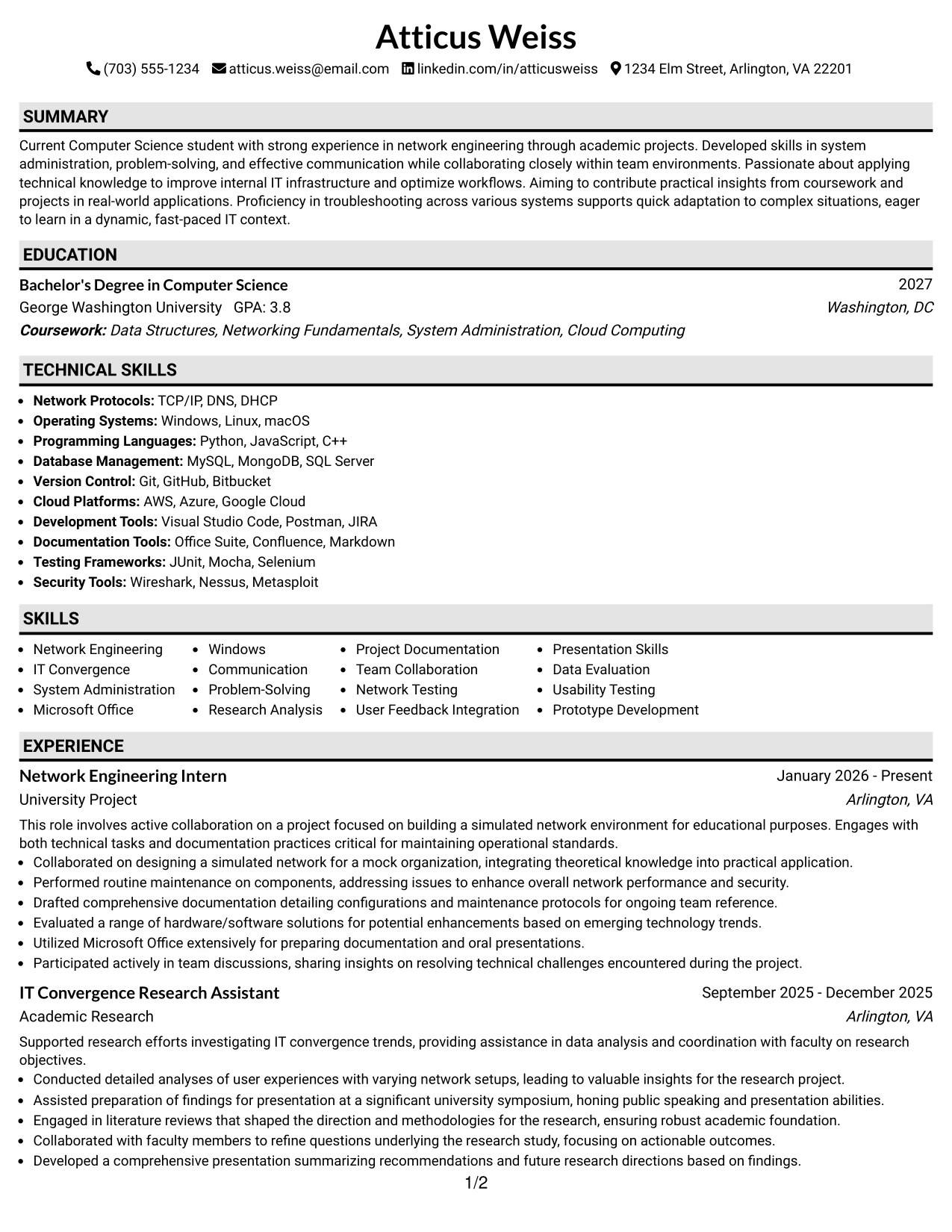 Resume Example Page 1