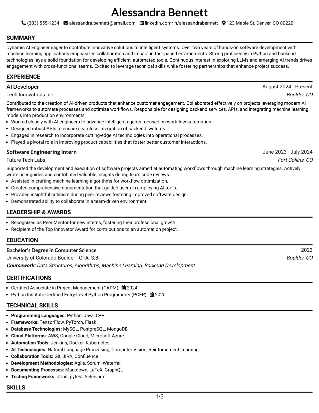 Resume Example Page 1
