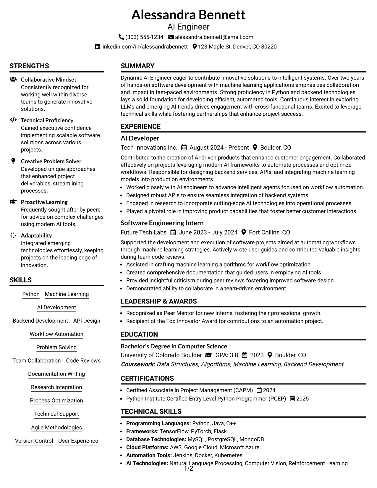 Resume Example Page 1