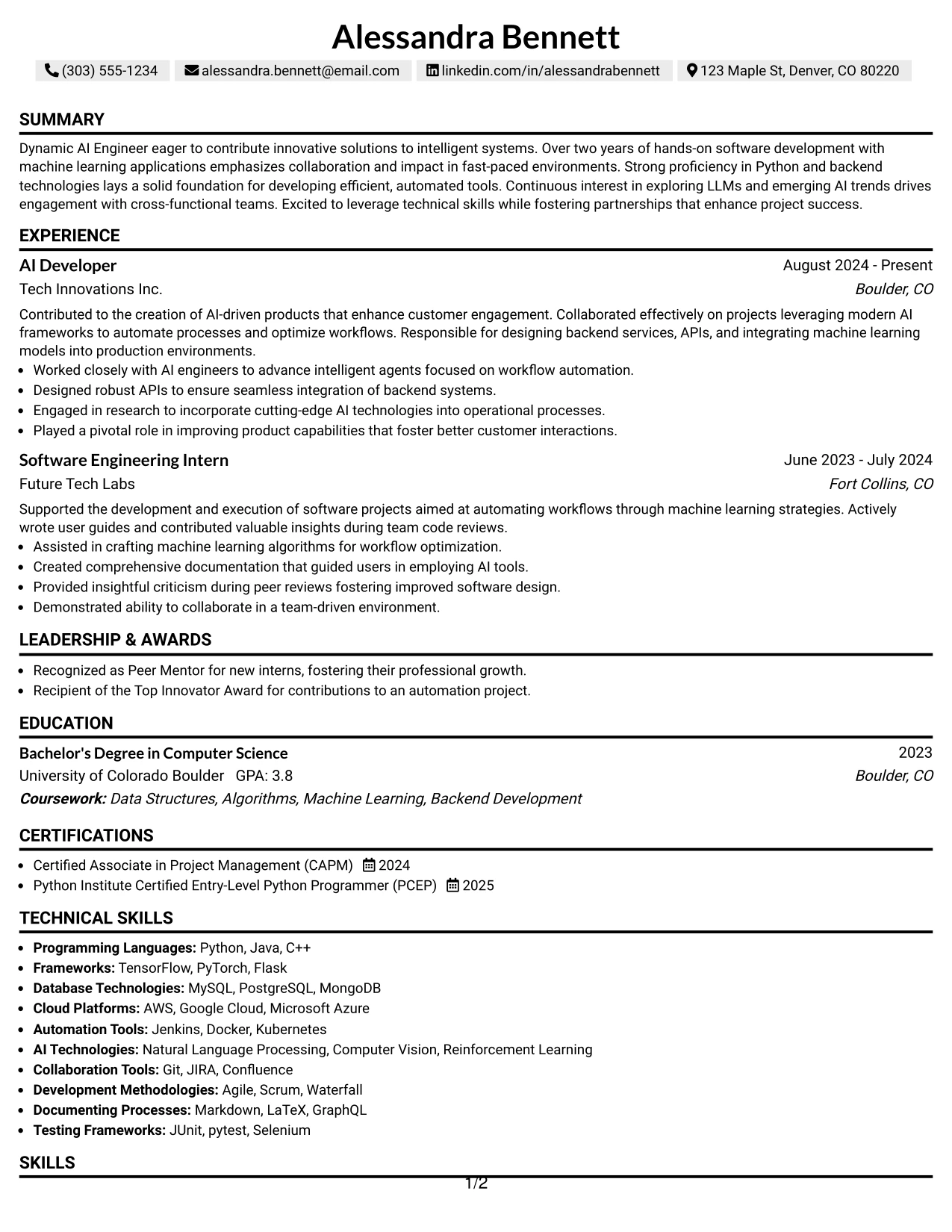 Resume Example Page 1