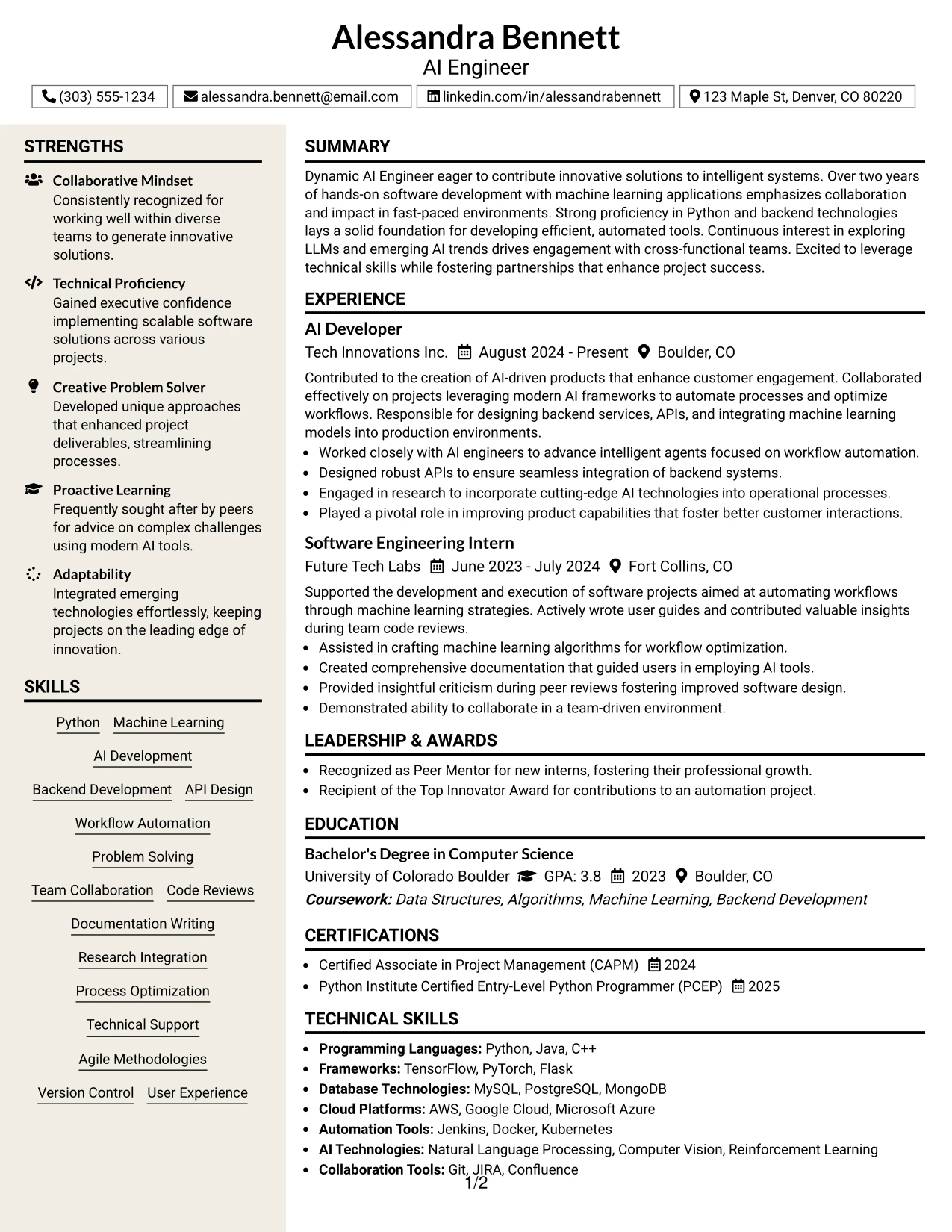 Resume Example Page 1