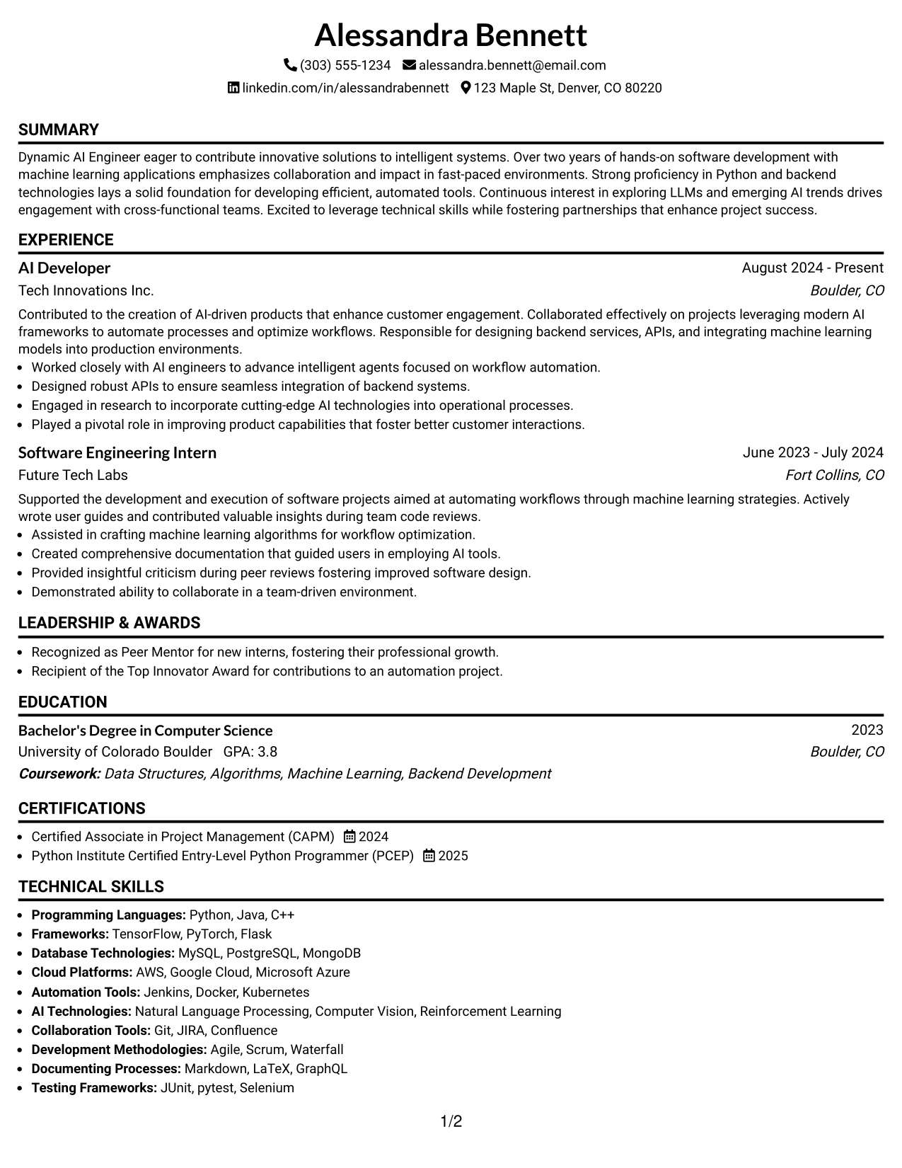 Resume Example Page 1