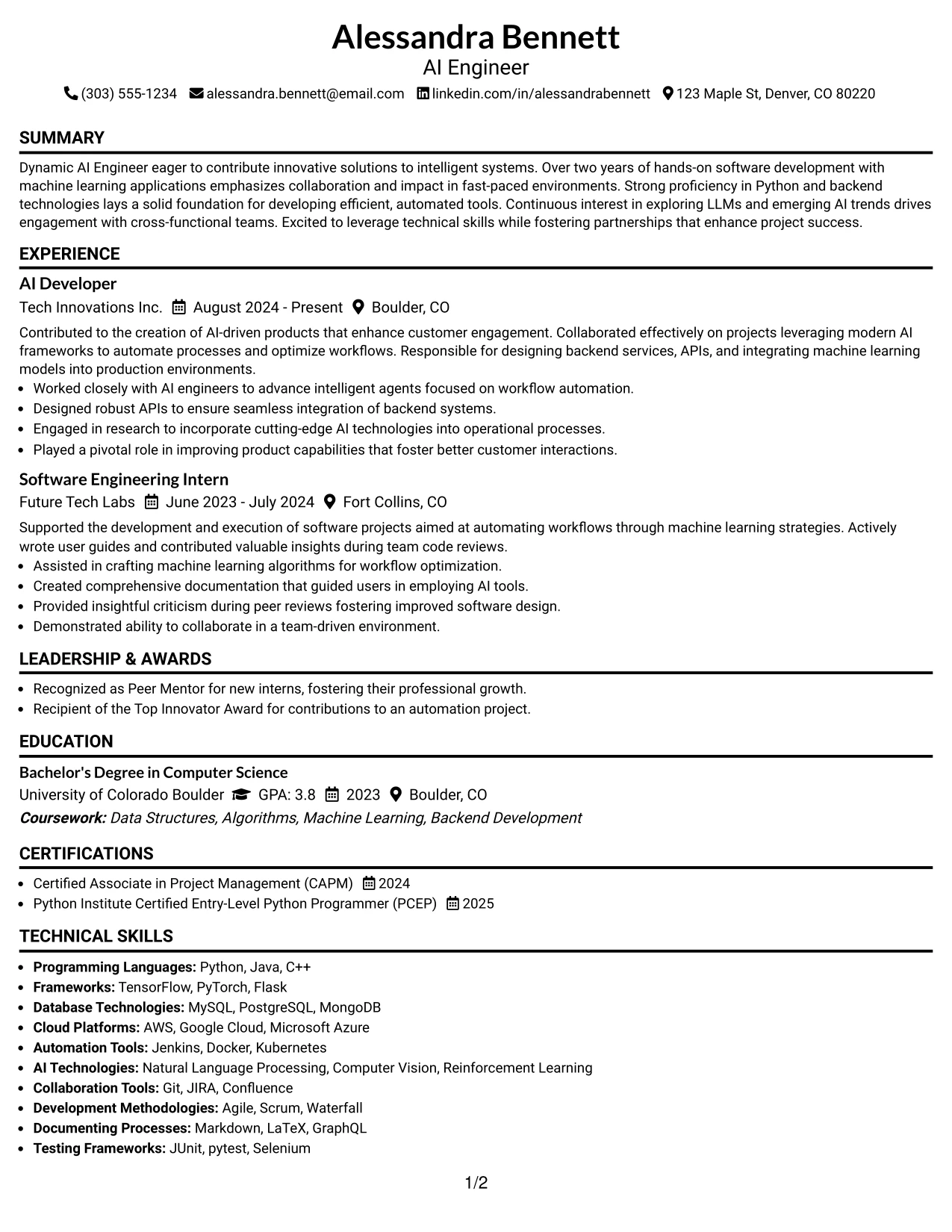 Resume Example Page 1