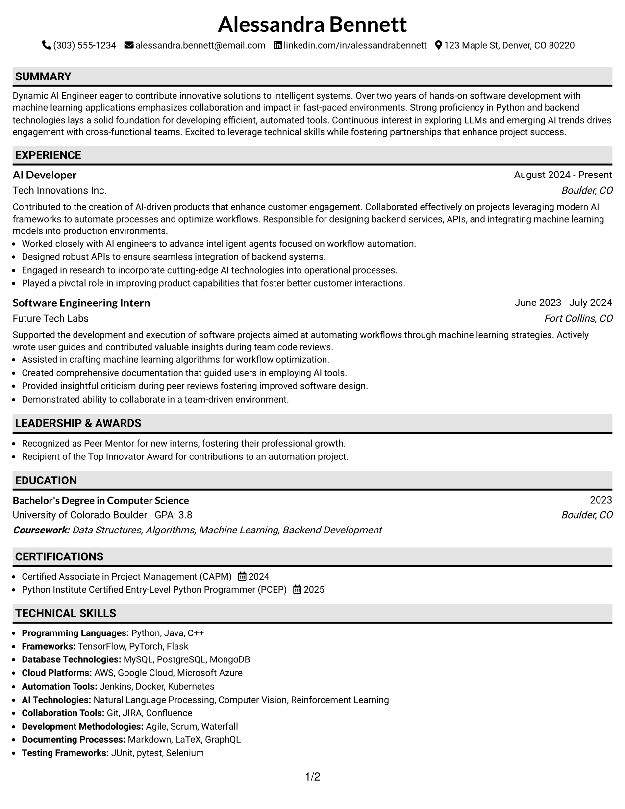 Resume Example Page 1
