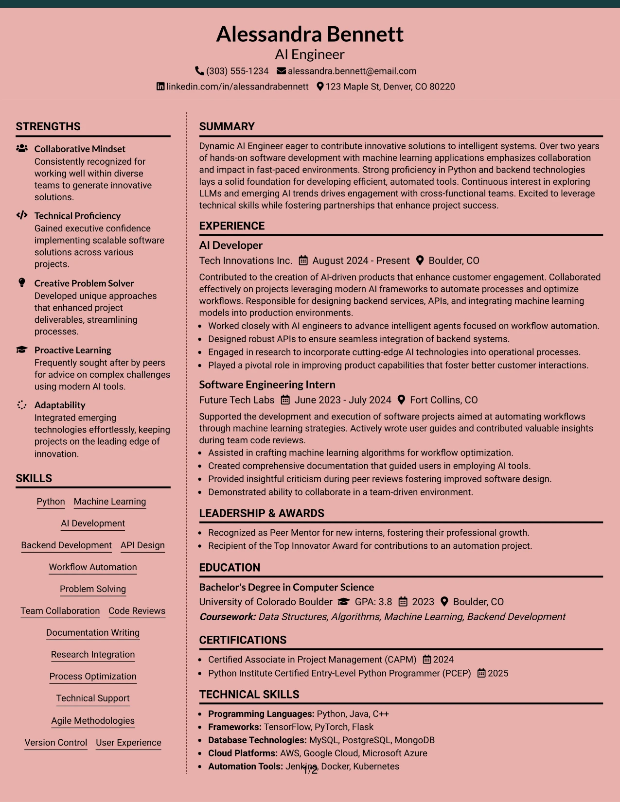 Resume Example Page 1