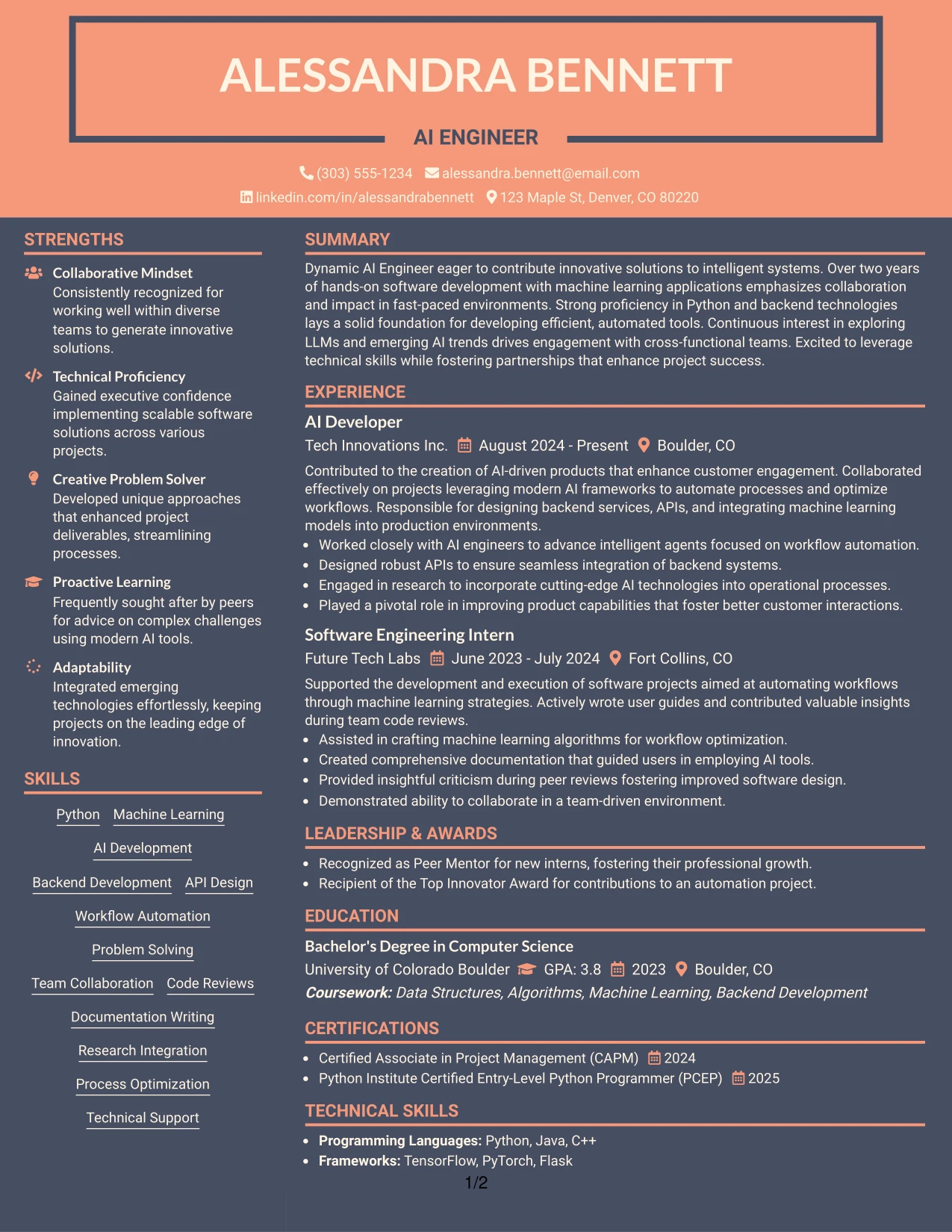 Resume Example Page 1