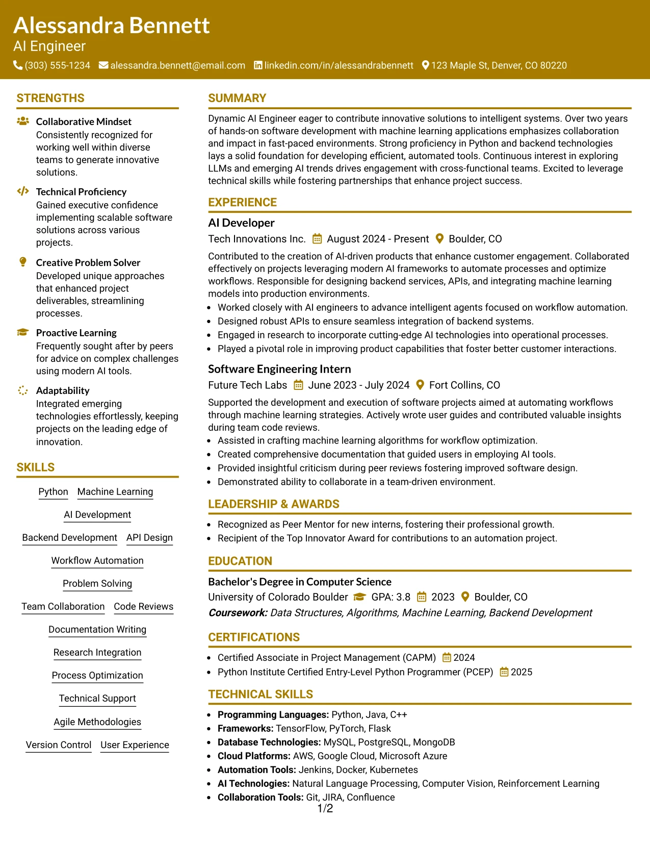 Resume Example Page 1