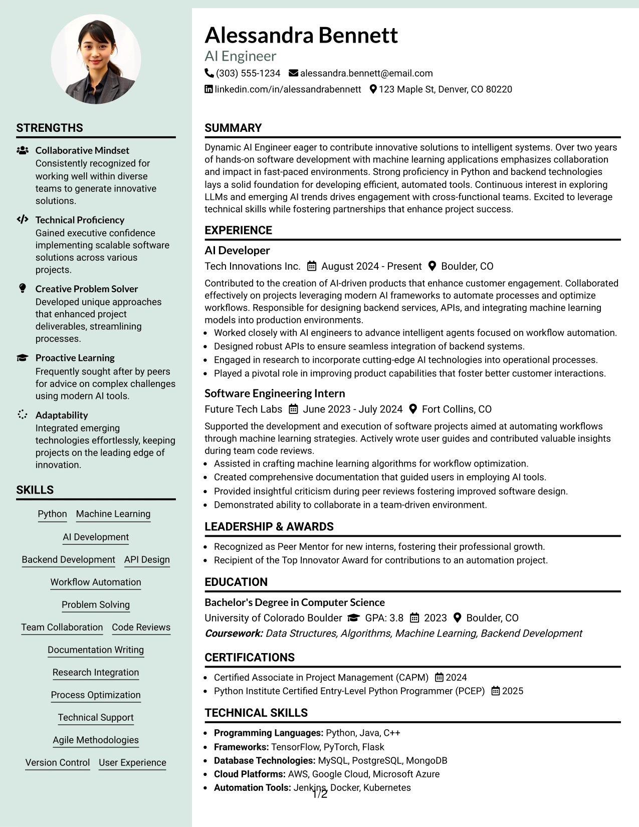 Resume Example Page 1