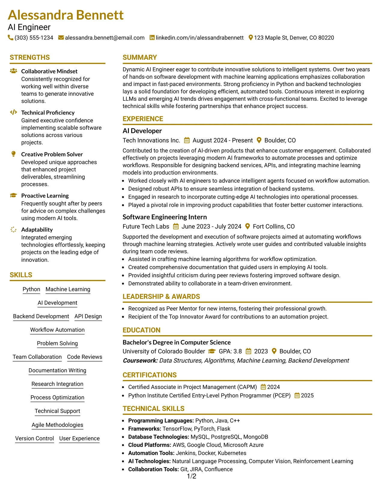 Resume Example Page 1
