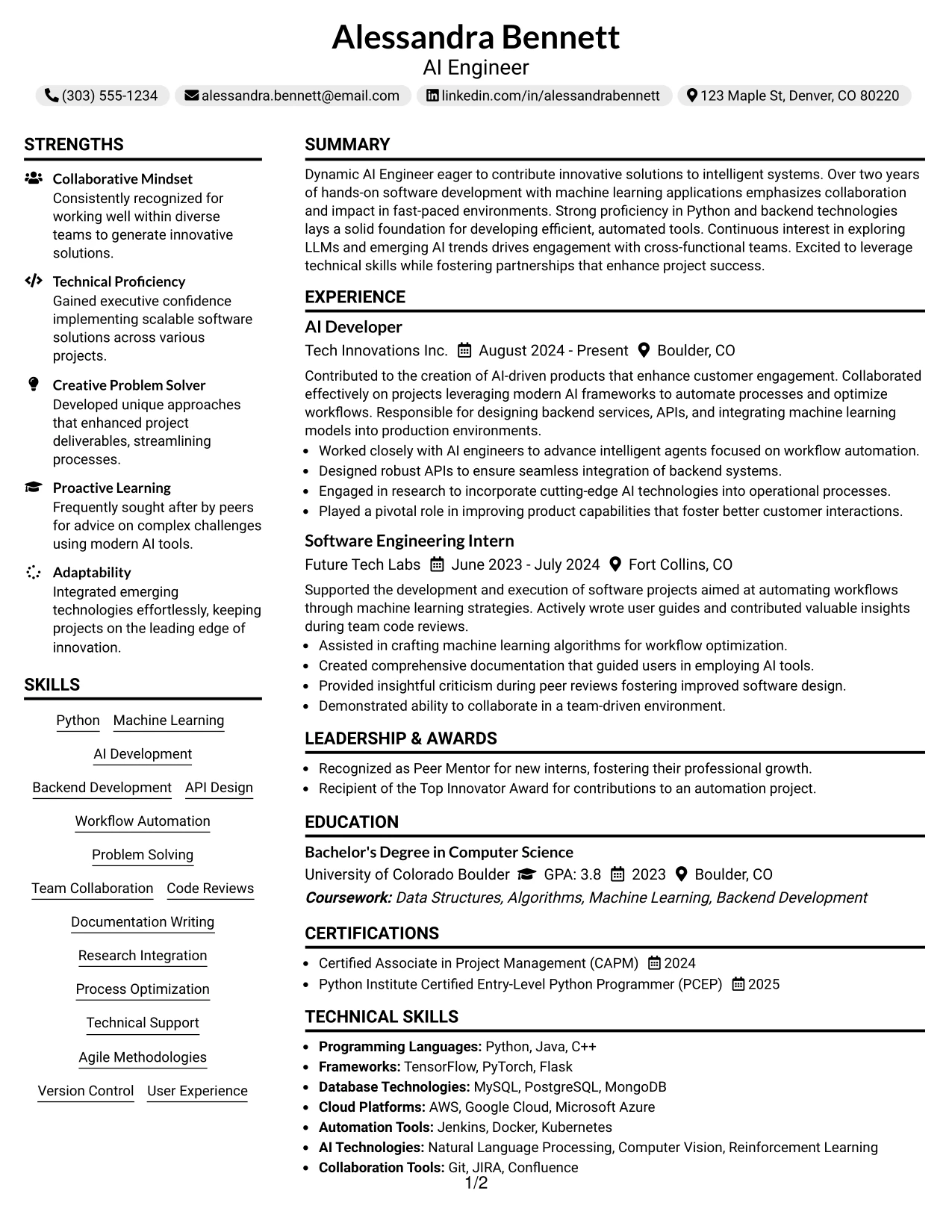 Resume Example Page 1