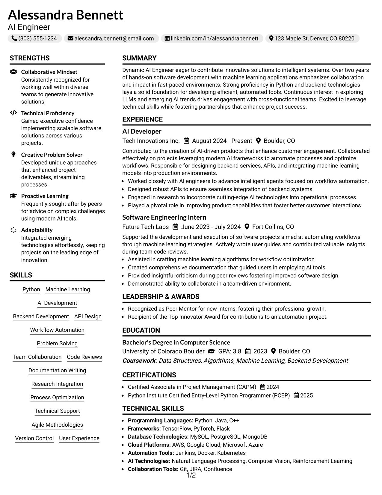 Resume Example Page 1