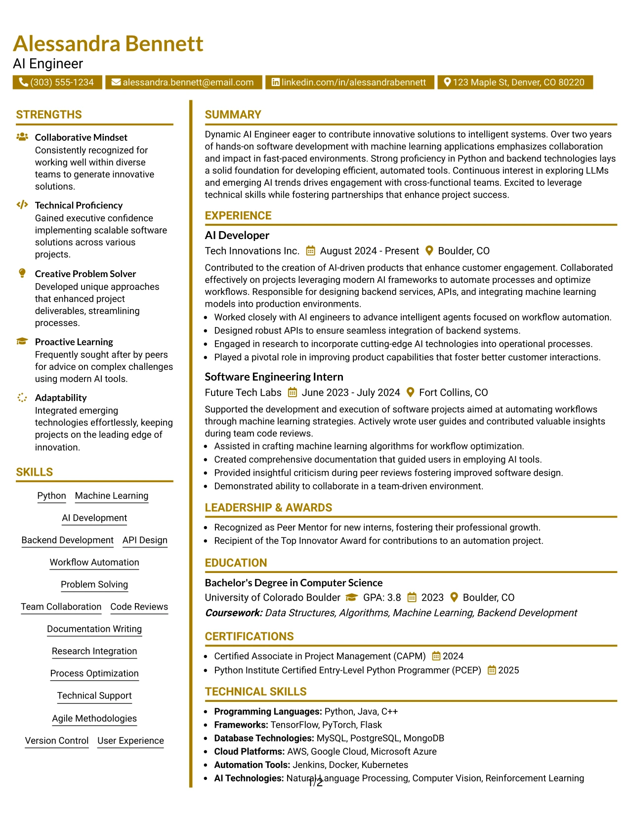 Resume Example Page 1