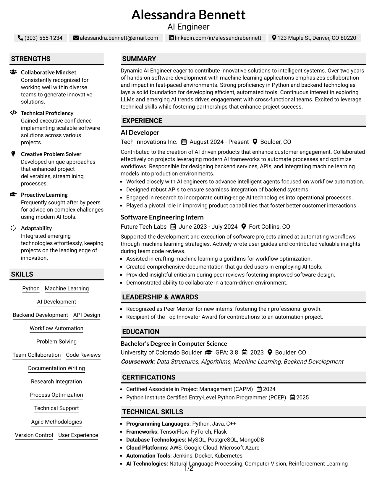 Resume Example Page 1